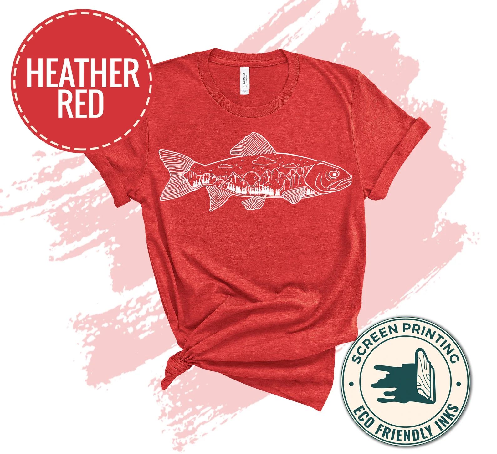 Red t-shirt with fish.