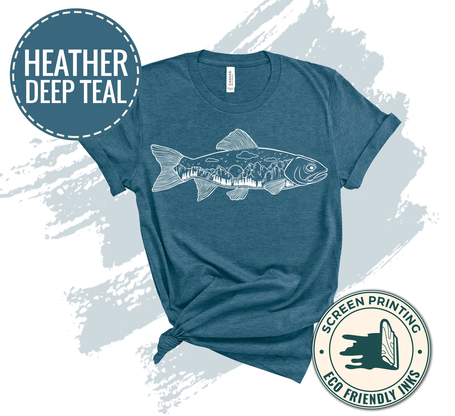 Deep blue t-shirt with outline fish graphic.