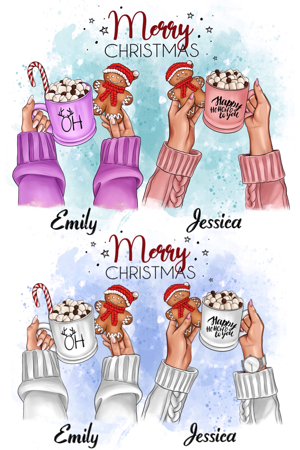 Hand drawn friends with cups and christmas bears in their hands.