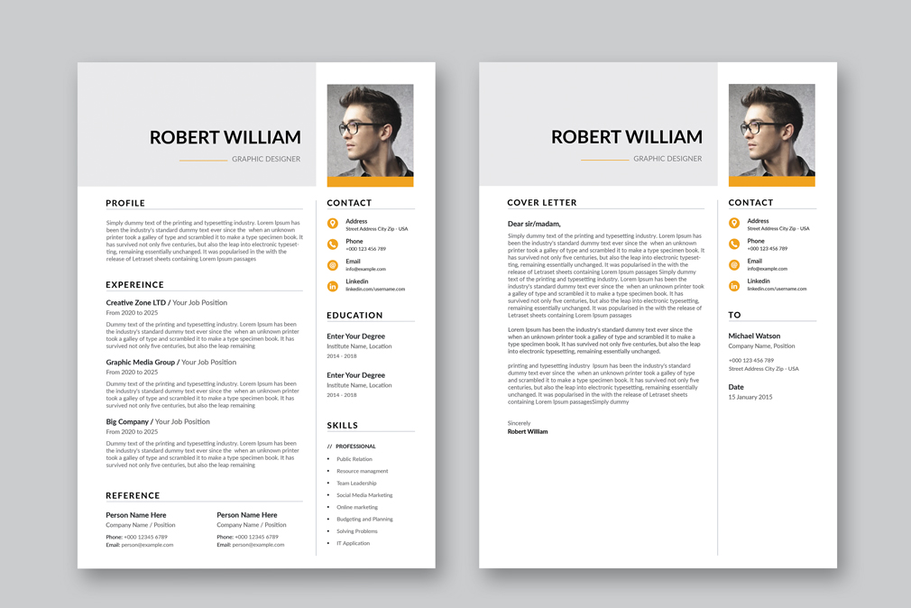 Professional resume template with a yellow accent.