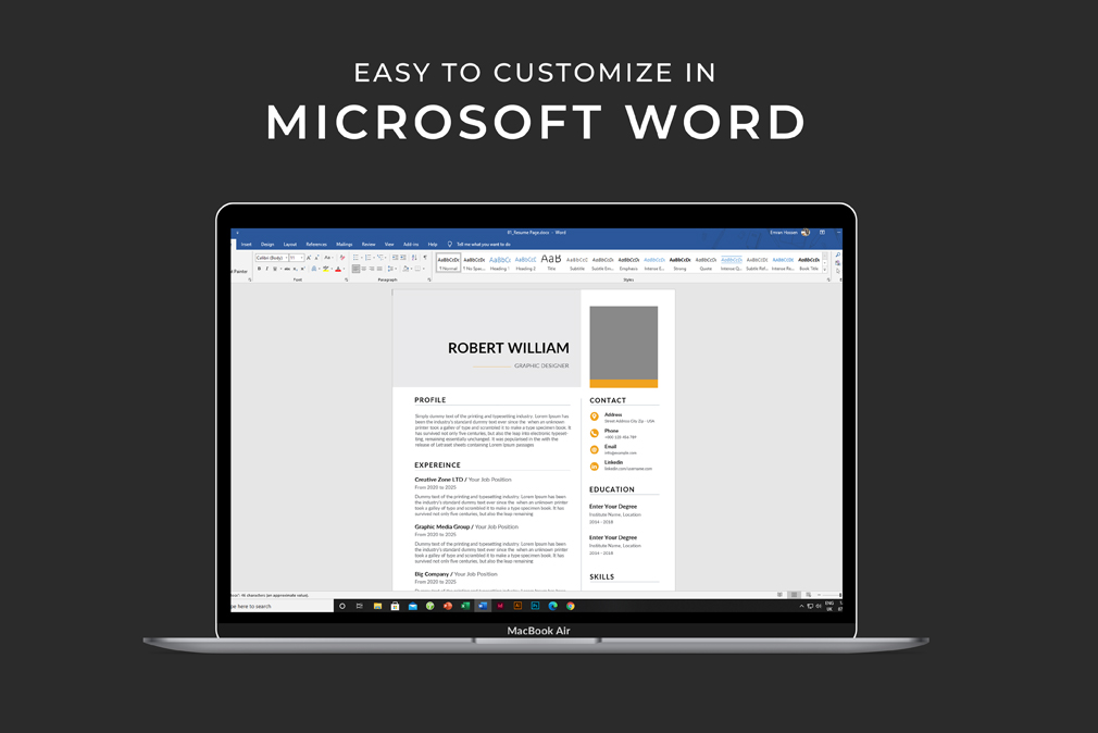 The Word Resume/CV Template easy to customize in Word.