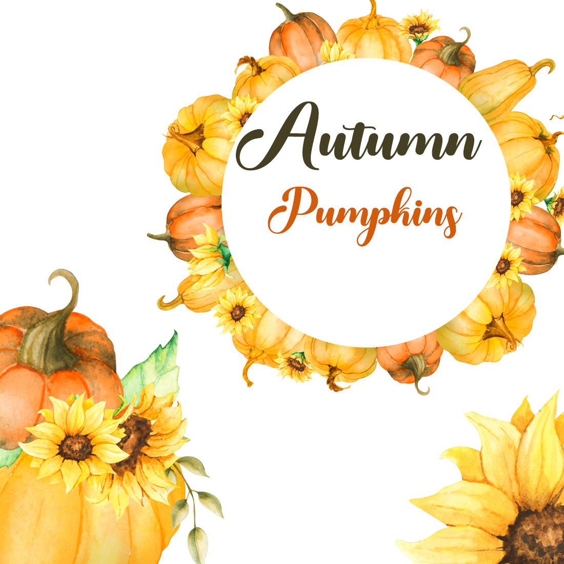 Pumpkins Autumn Watercolor Clipart preview image.