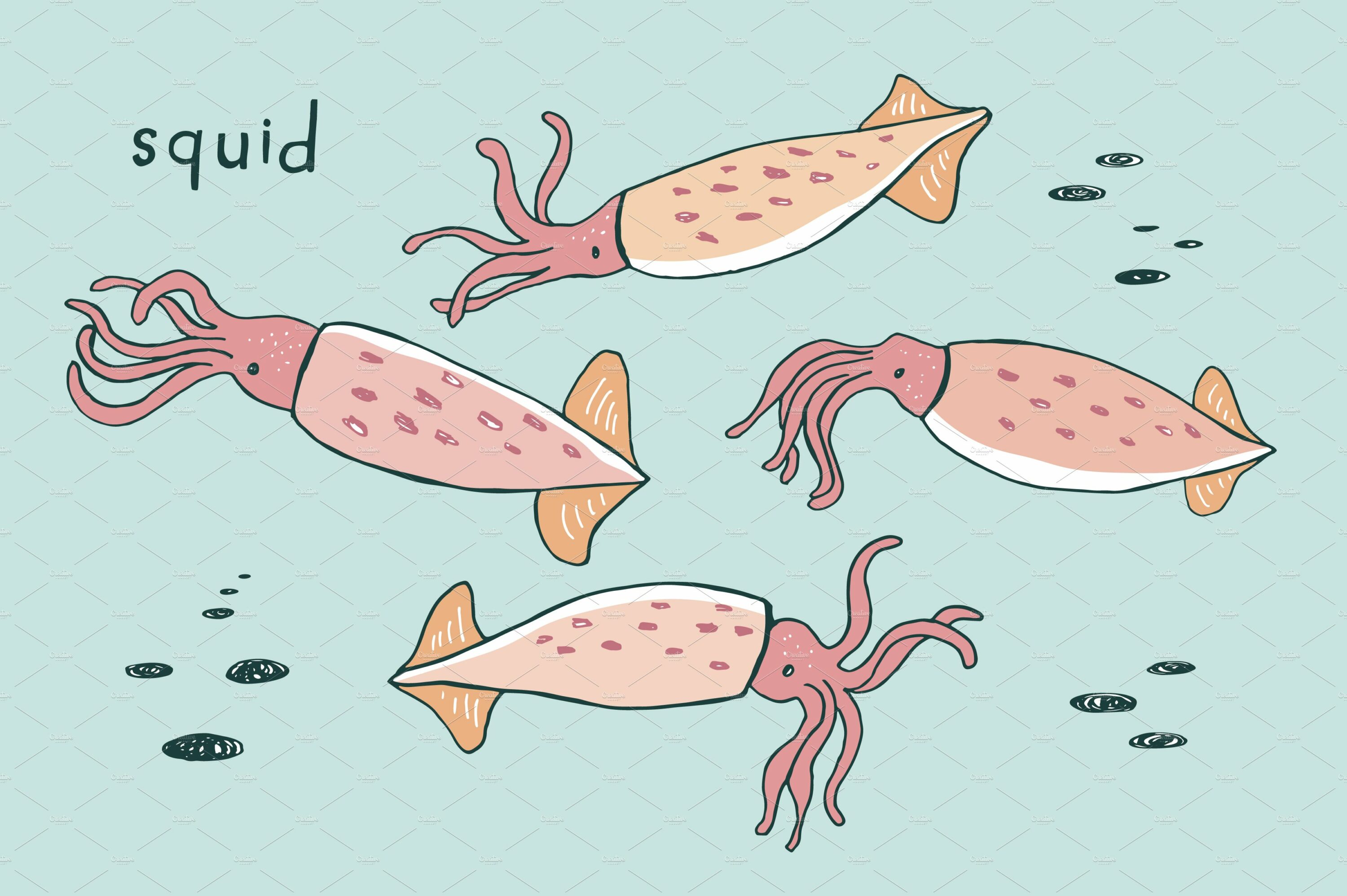 Light green background with light pink squids.