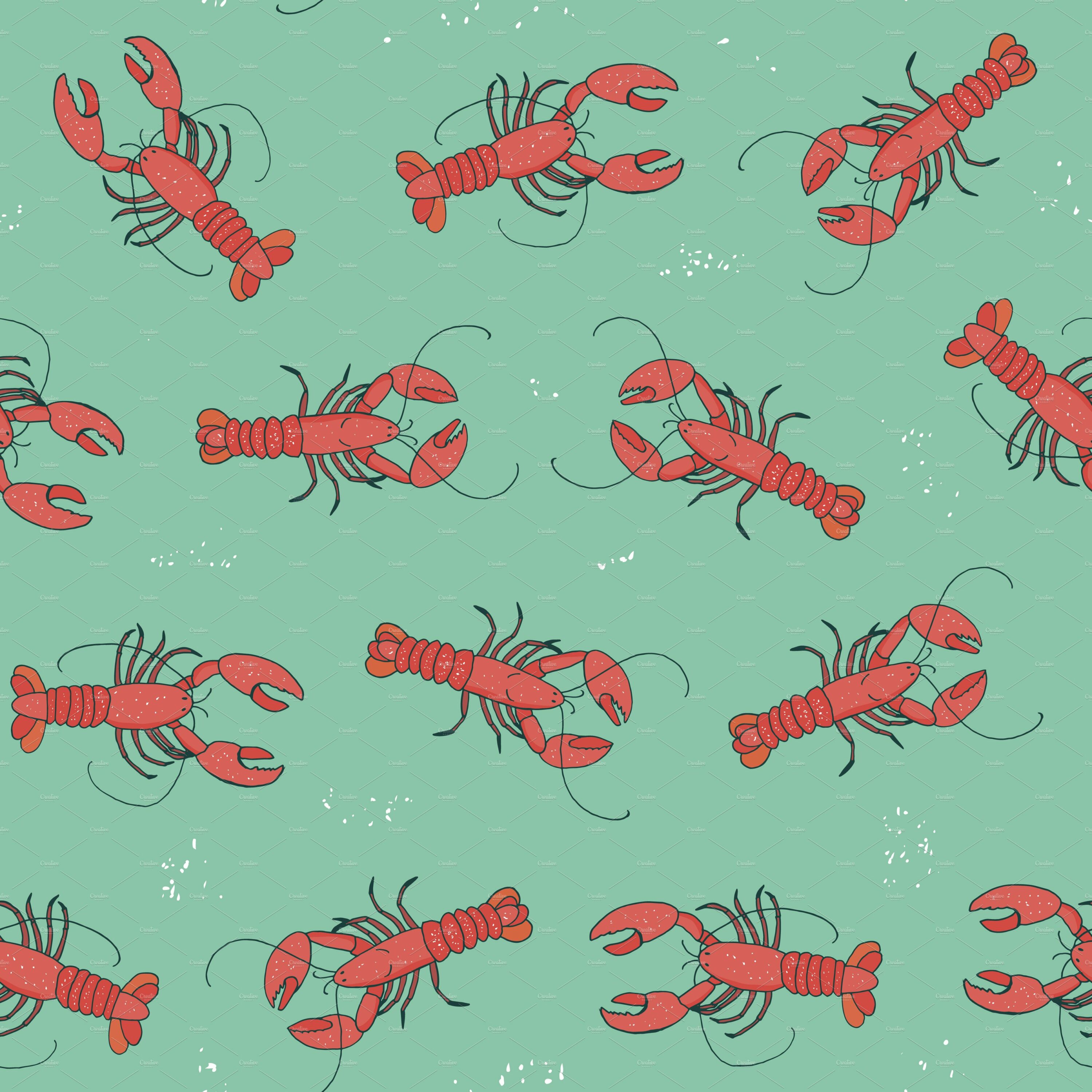 Turquoise background with big red lobster collection.