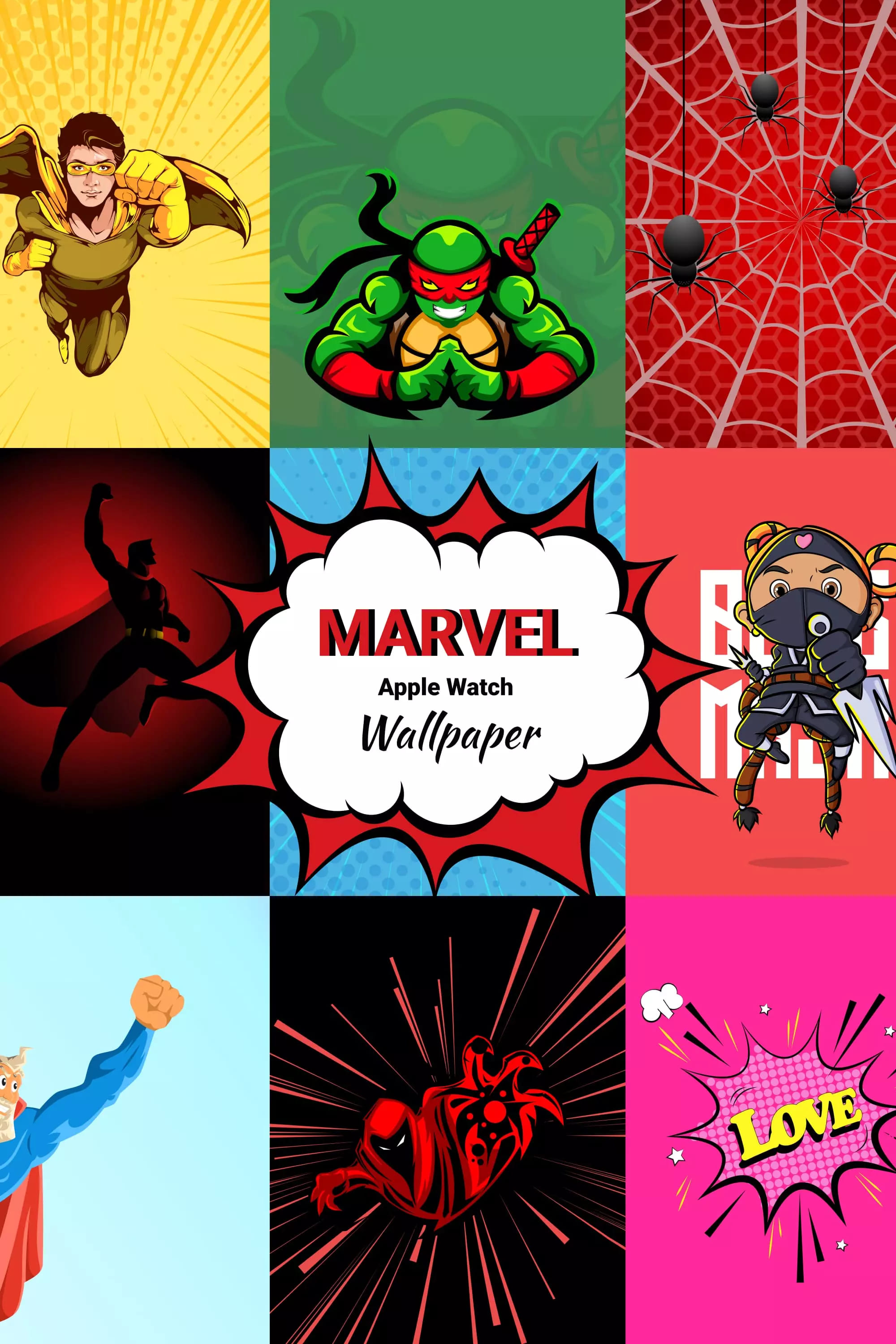 Collage with wallpapers for Apple watch with Marvel heroes.