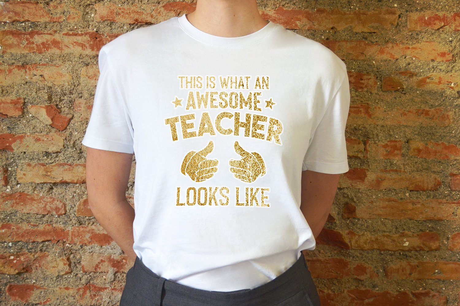 White t-shirt with gold quote.