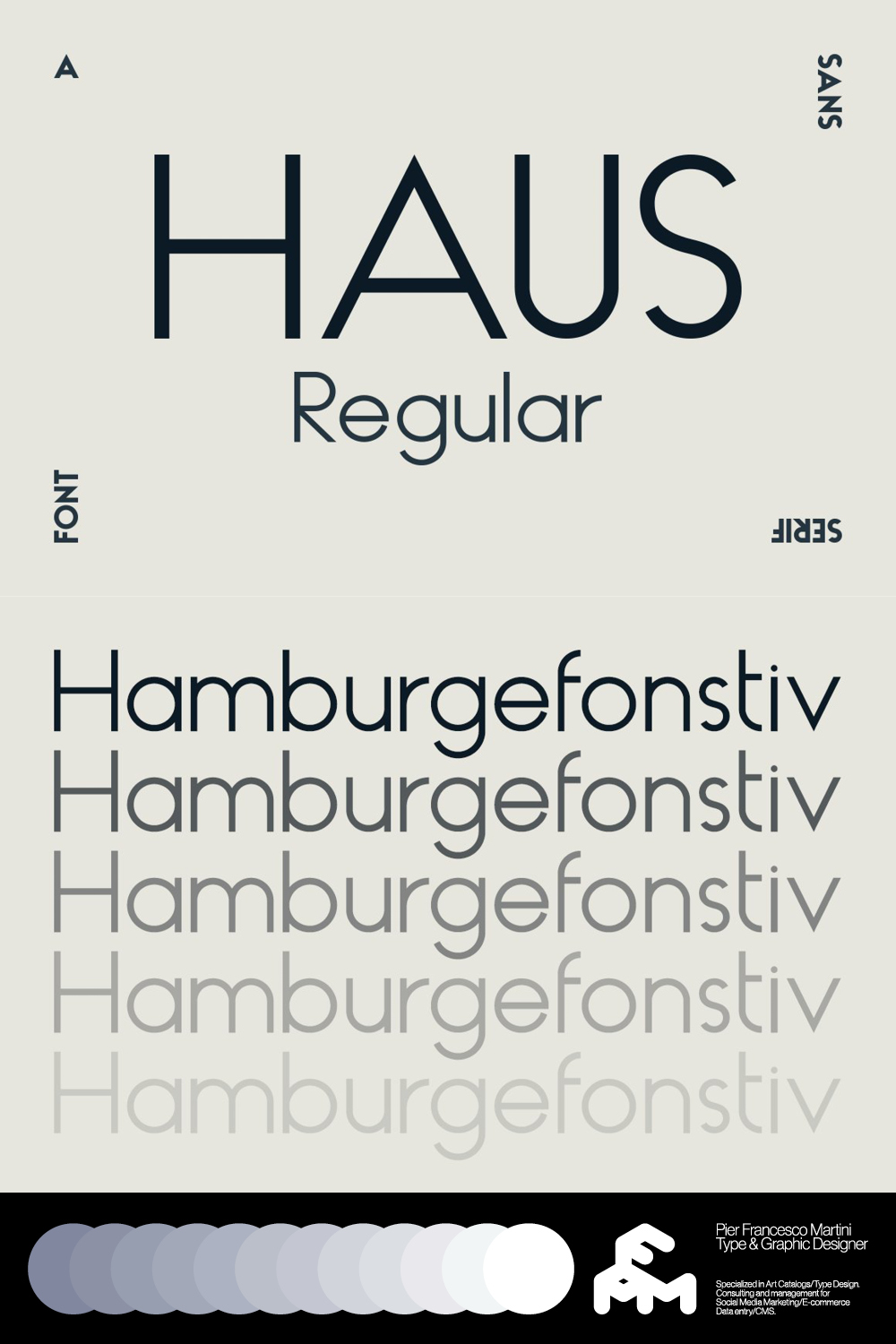 Examples of a font with clear letters of different sizes on a beige background.