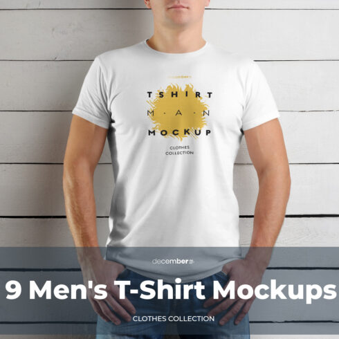 9 Mockup Man T-shirts on Wooden Background cover image.