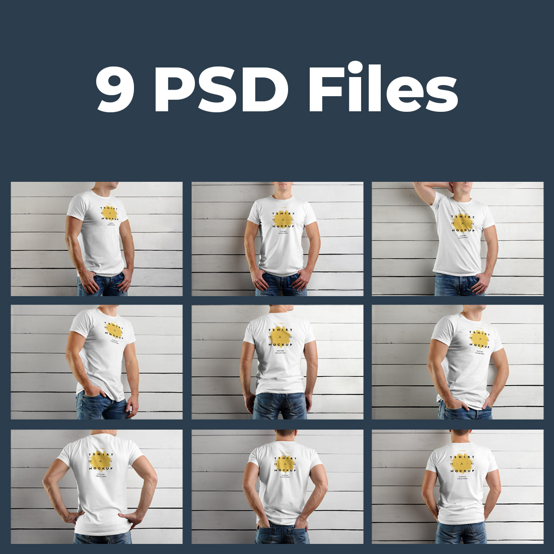 9 Mockup Man T-shirts on Wooden Background preview image.