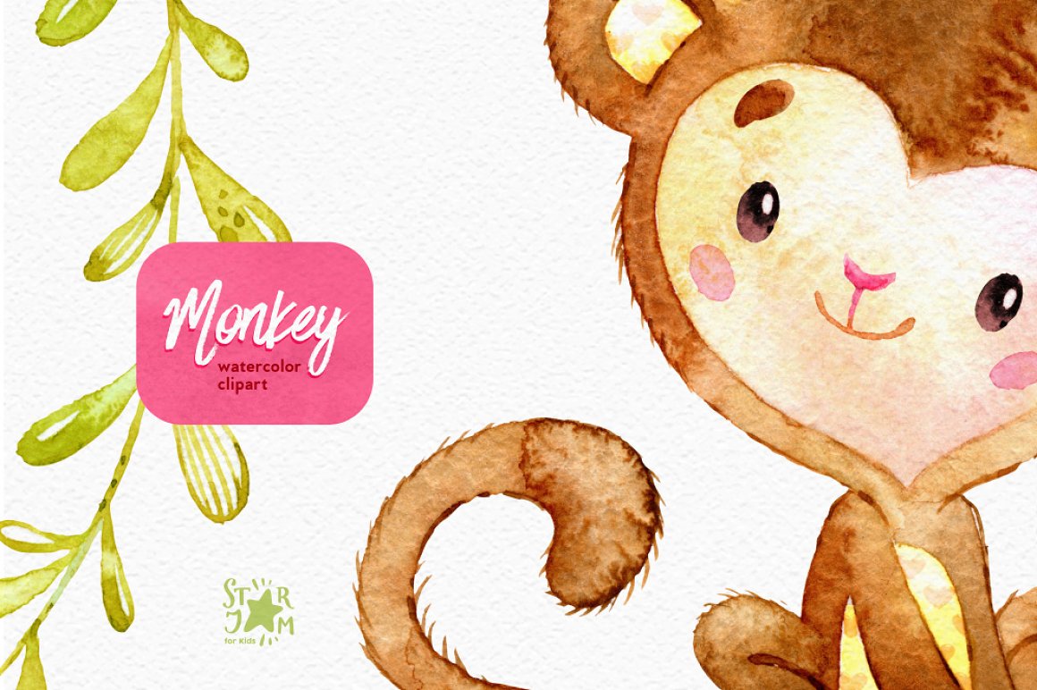 Watercolor monkey with leaves.