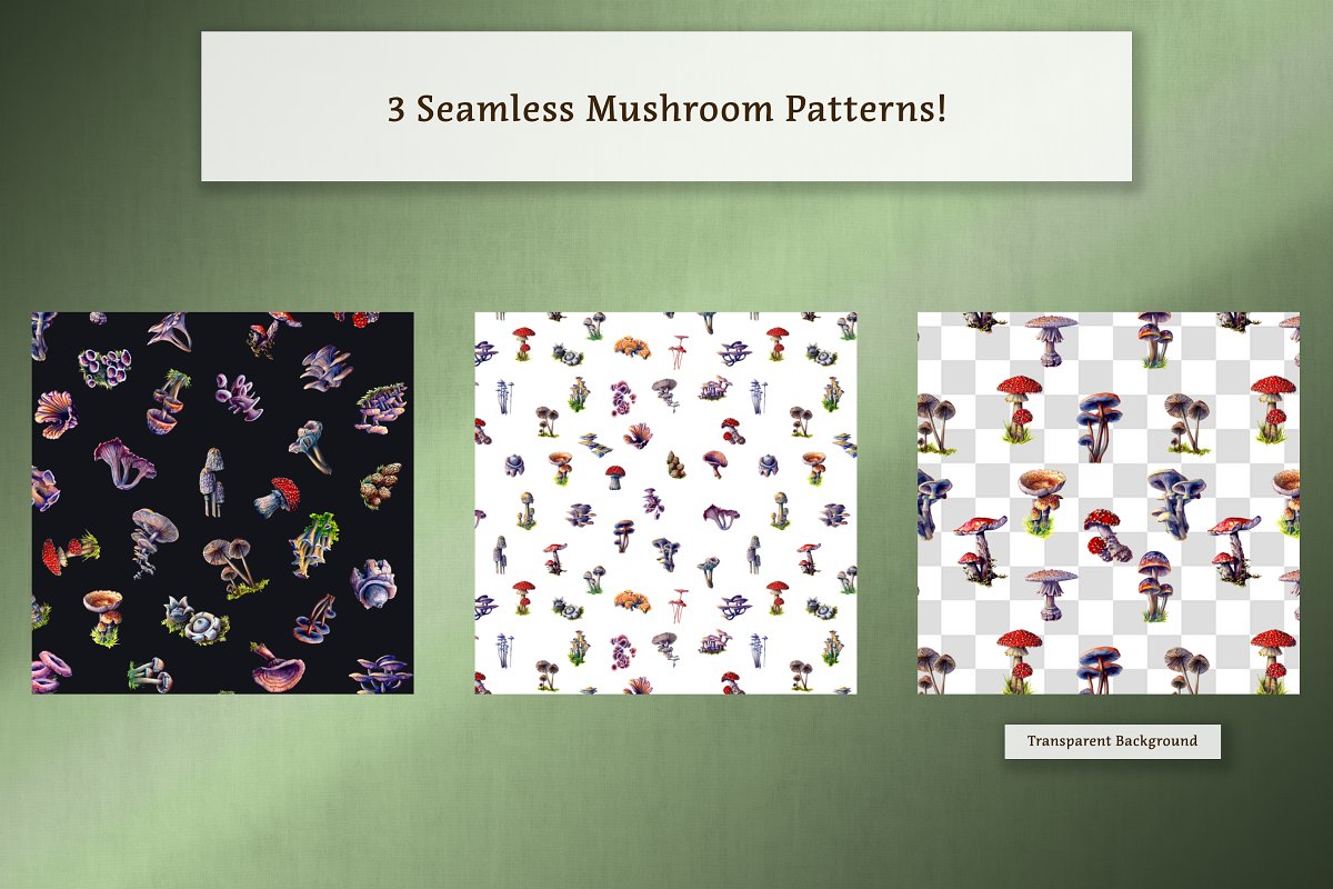 This set includes 3 seamless mushroom patterns.