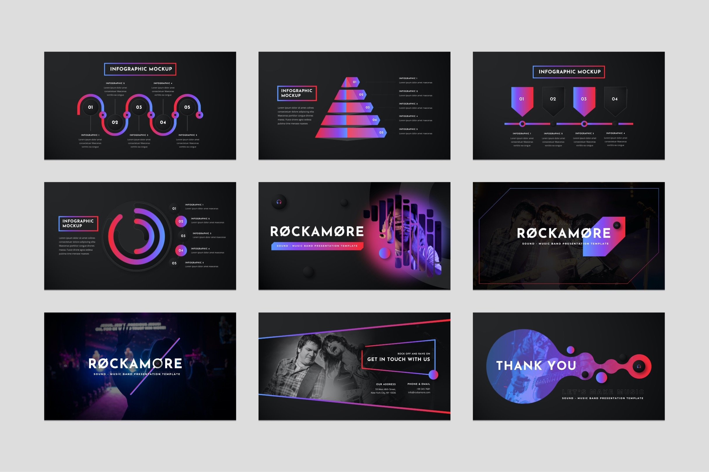 Dark background with colorful purple infographics.