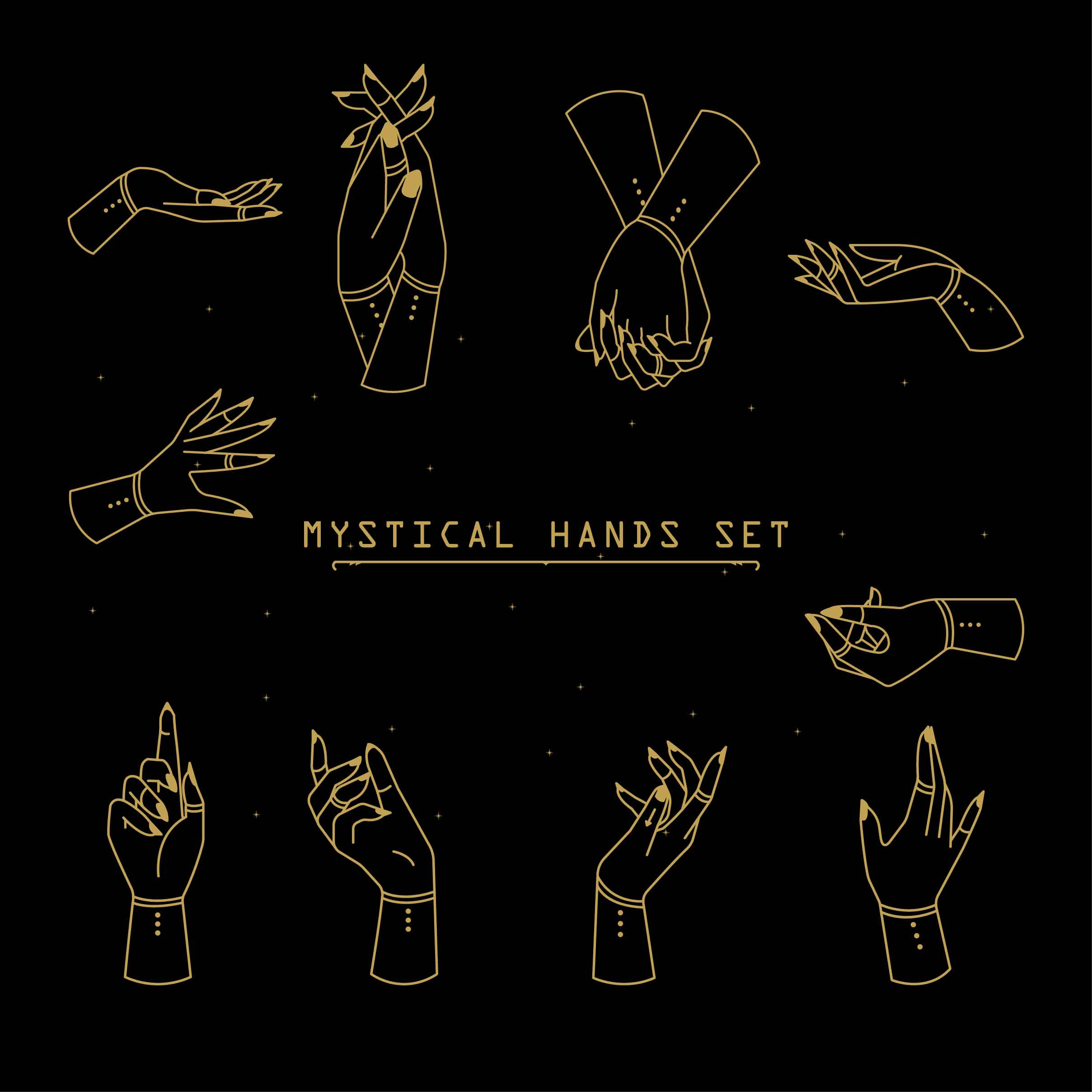 Mystical and Celestial Elements Illustration, mystical hands set.