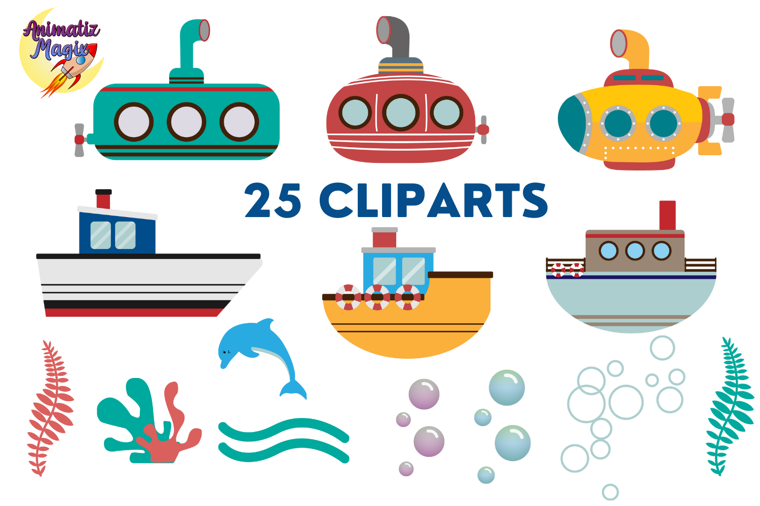 Nautical Vehicles At Sea Clipart Set.