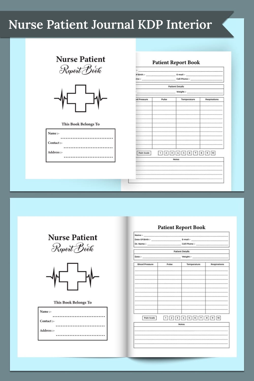 Nurse patient journal KDP interior - pinterest image preview.