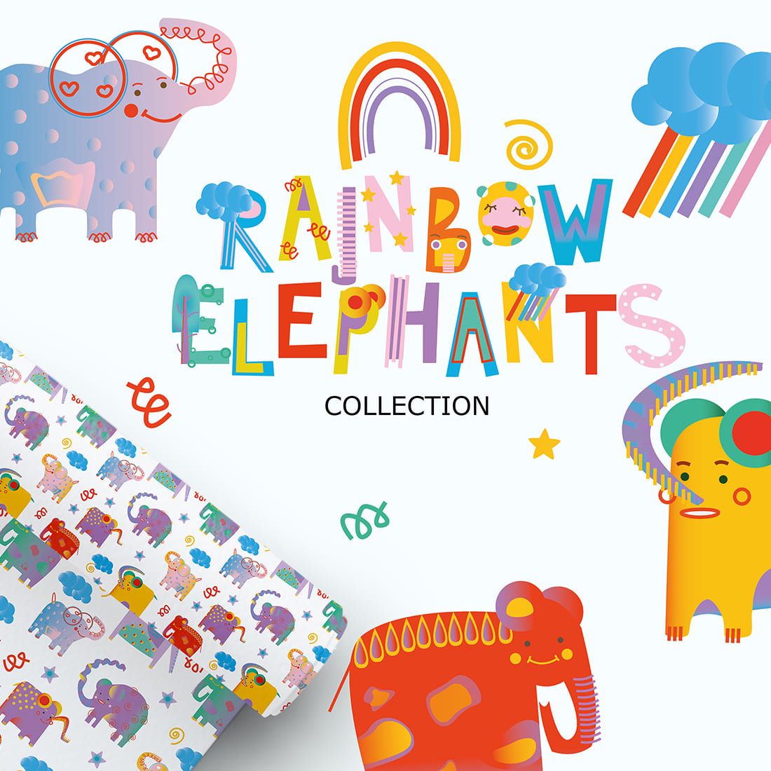 Rainbow Elephants Set Seamless Pattern cover image.