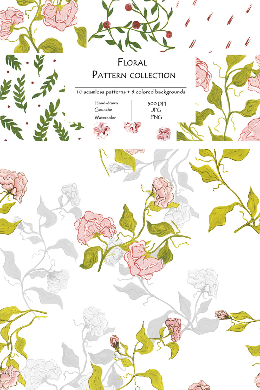 Floral Pattern Collection Of 10 Seamless Patterns And 5 Colored Backgrounds Pinterest Image.