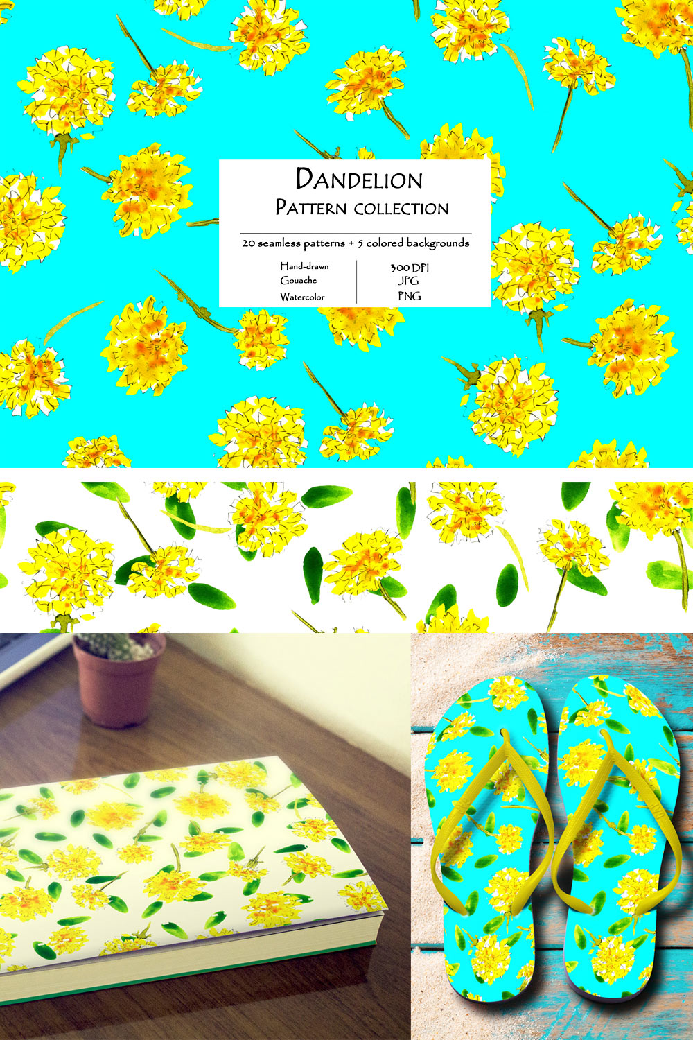 Dandelion Pattern Collection Of 20 Seamless Patterns And 5 Colored Background Pinterest Image.