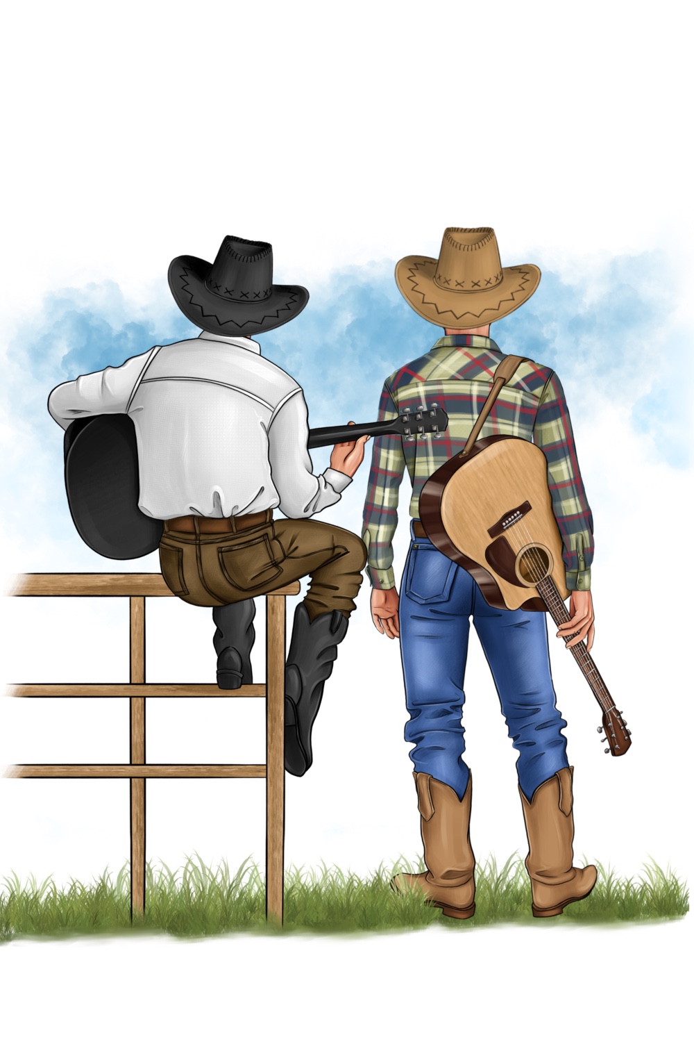 Two cowboys with guitars from the back.