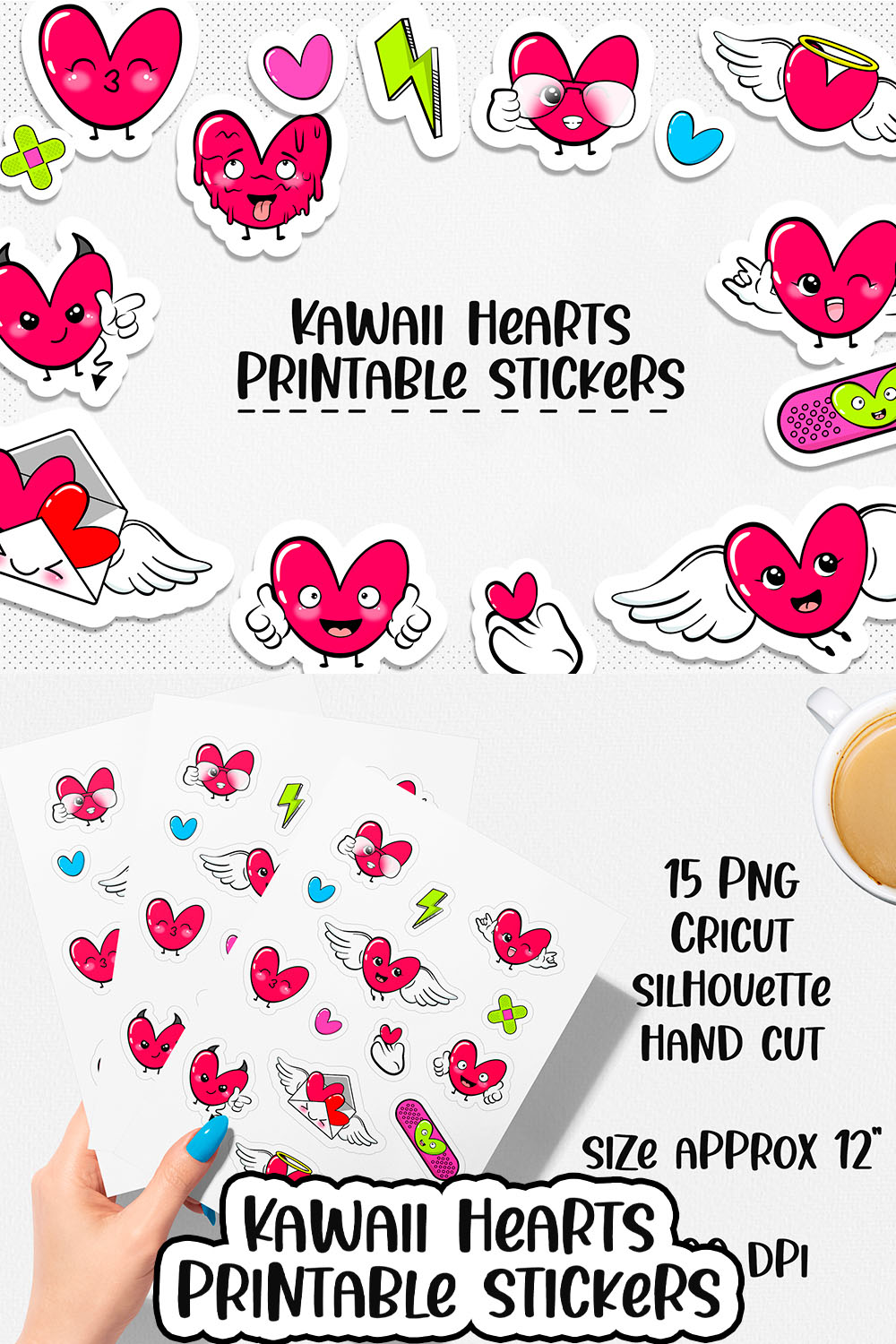 Cute Hearts Kawaii Printable Stickers pinterest image.