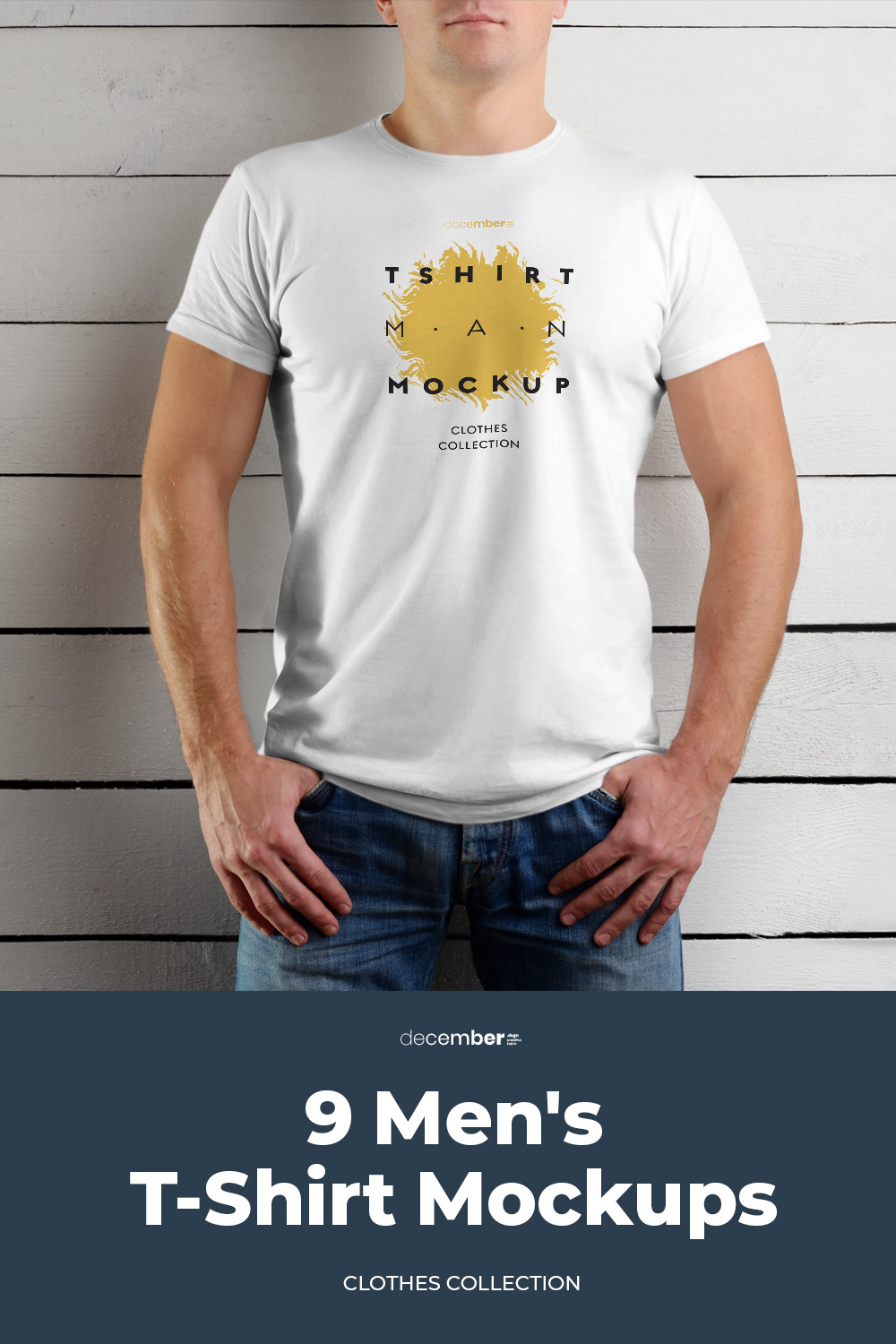 9 Mockup Man T-shirts on Wooden Background pinterest image.