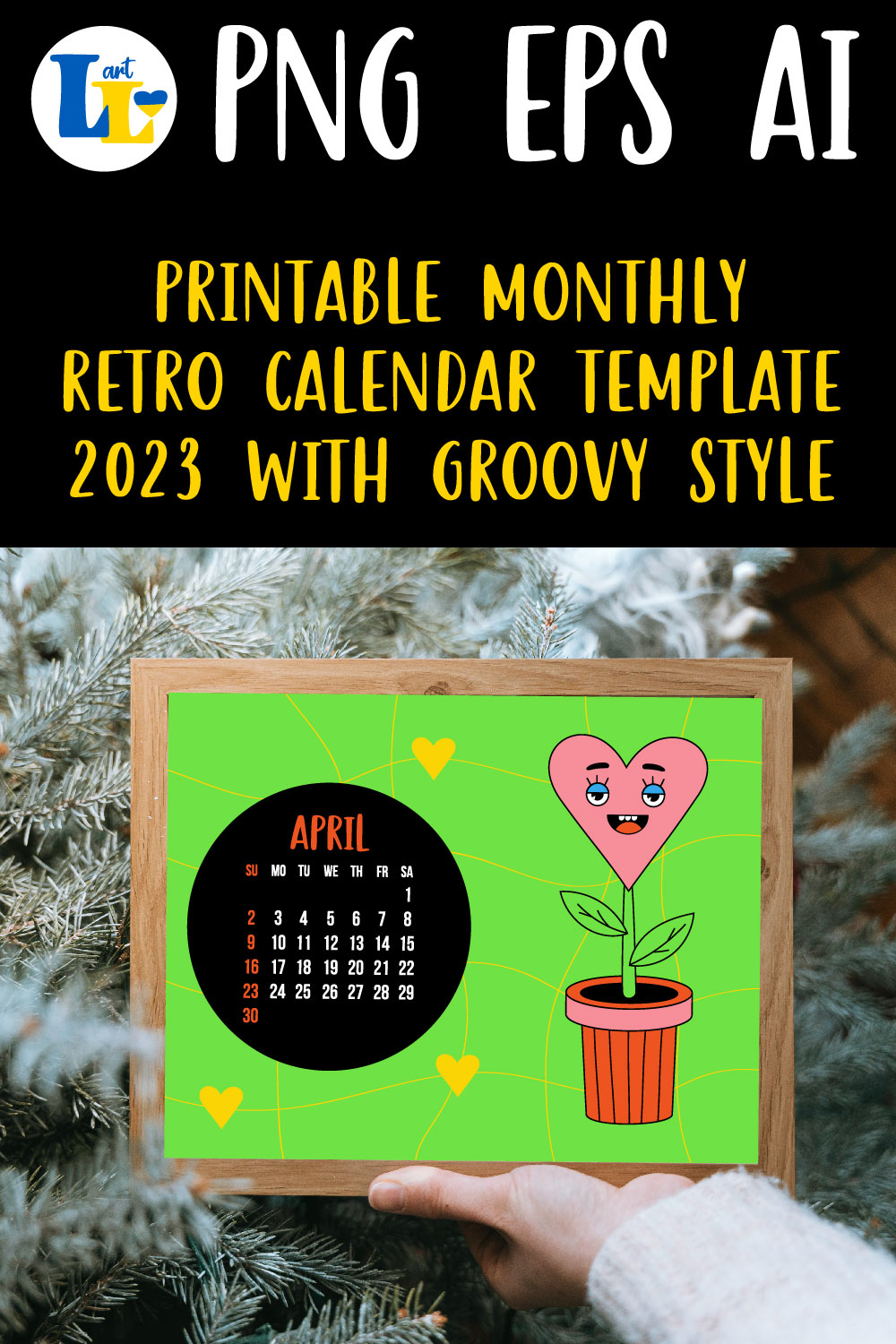 Retro Groovy Desktop Calendar 2023 Printable Monthly Template pinterest image.