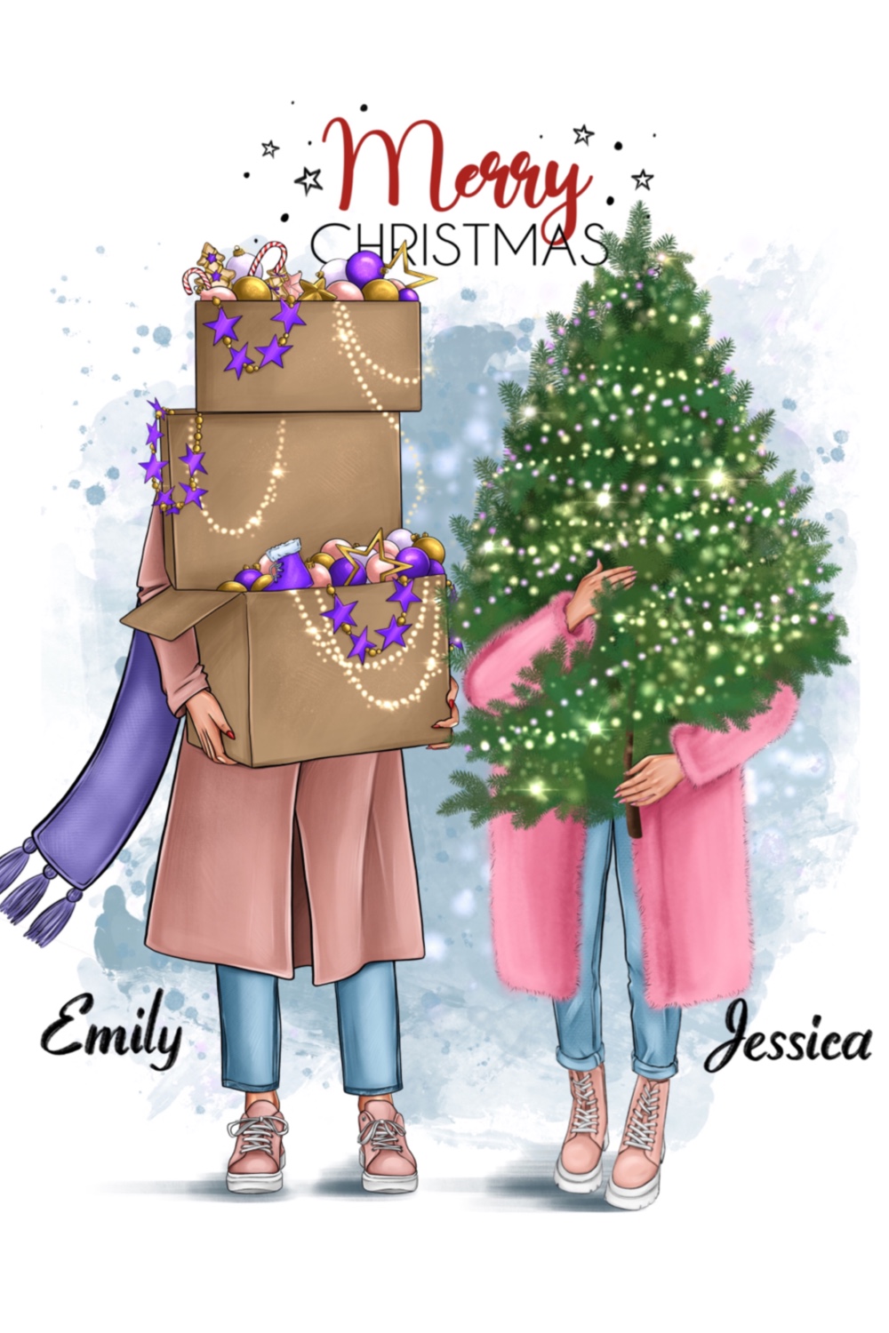 Drawsn girls with gift boxes and a Christmas tree in their hands.