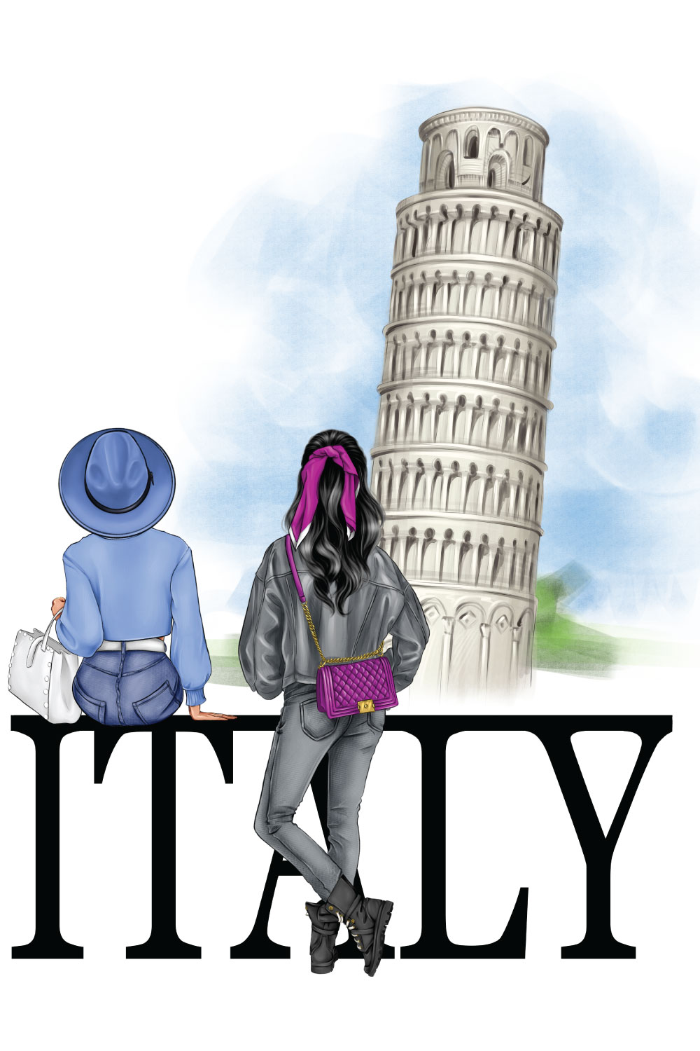 Drawn two girls from the back against the backdrop of the Leaning Tower of Pisa.