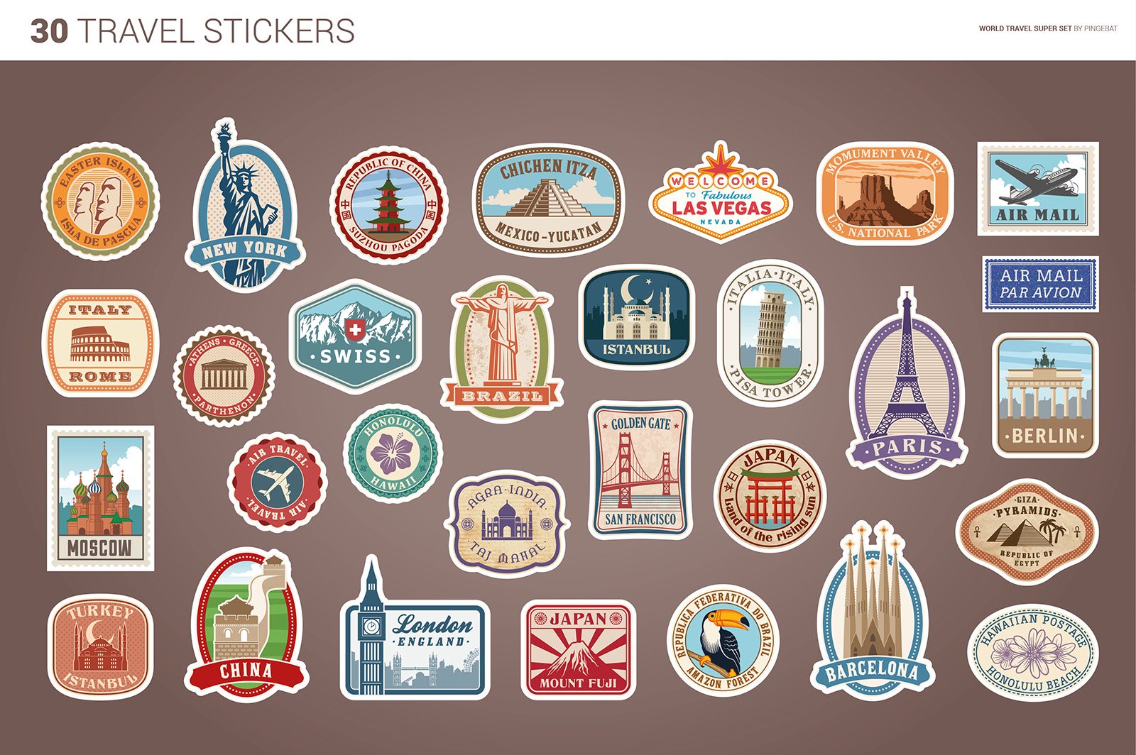 Light brown background with world stickers.