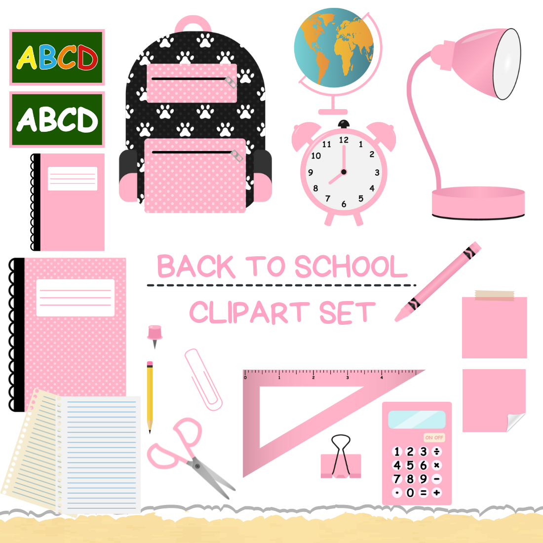 School Supplies Pink - Back to School Stationary Clip Art by