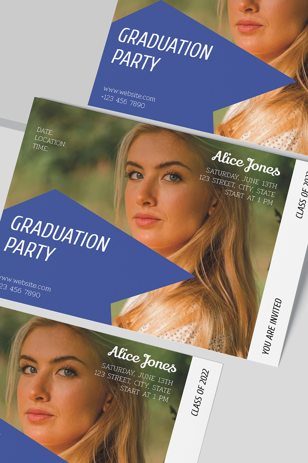 Graduation invitations with a girl and blue geometric shape.