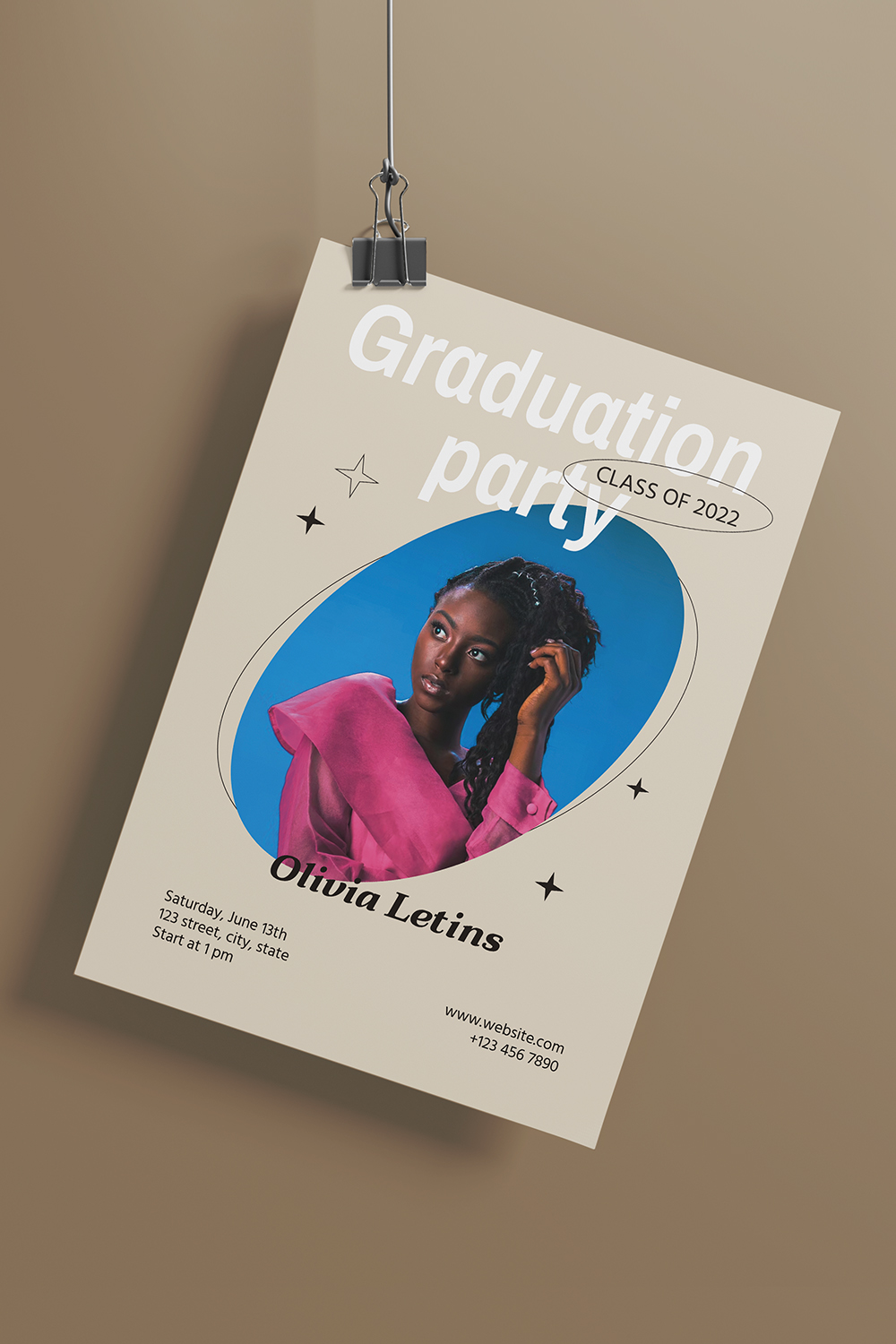 So stylish graduation invitation in a pastel with a bright woman.