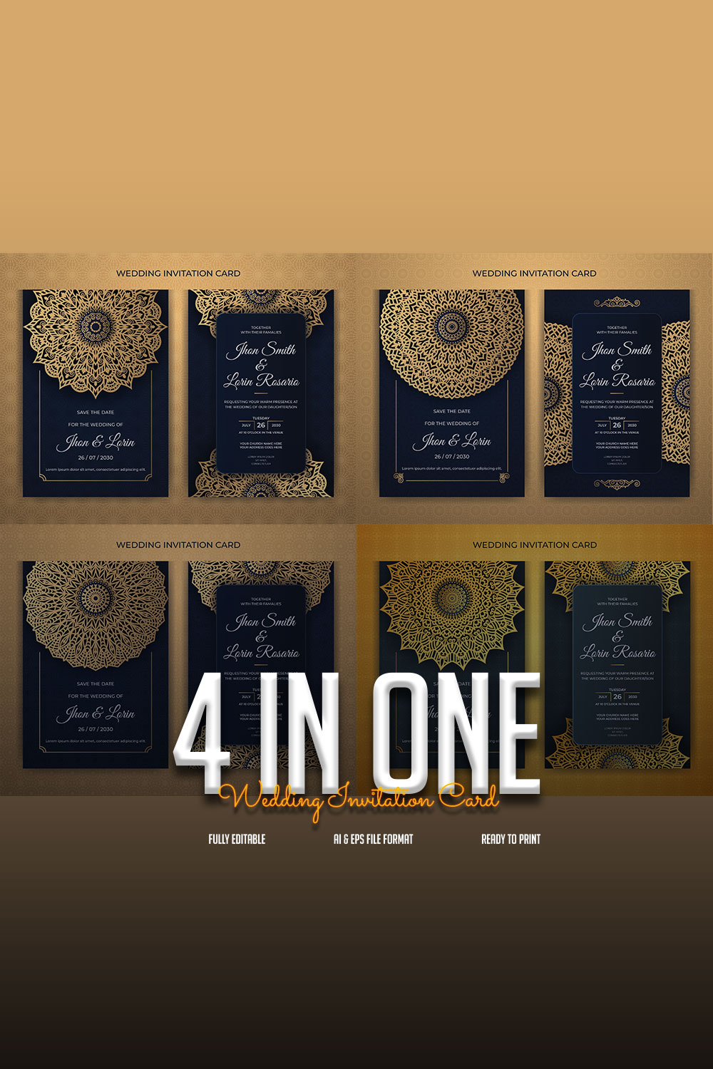 4 In One Luxury Wedding Invitation Card Design Only In $7 pinterest image.