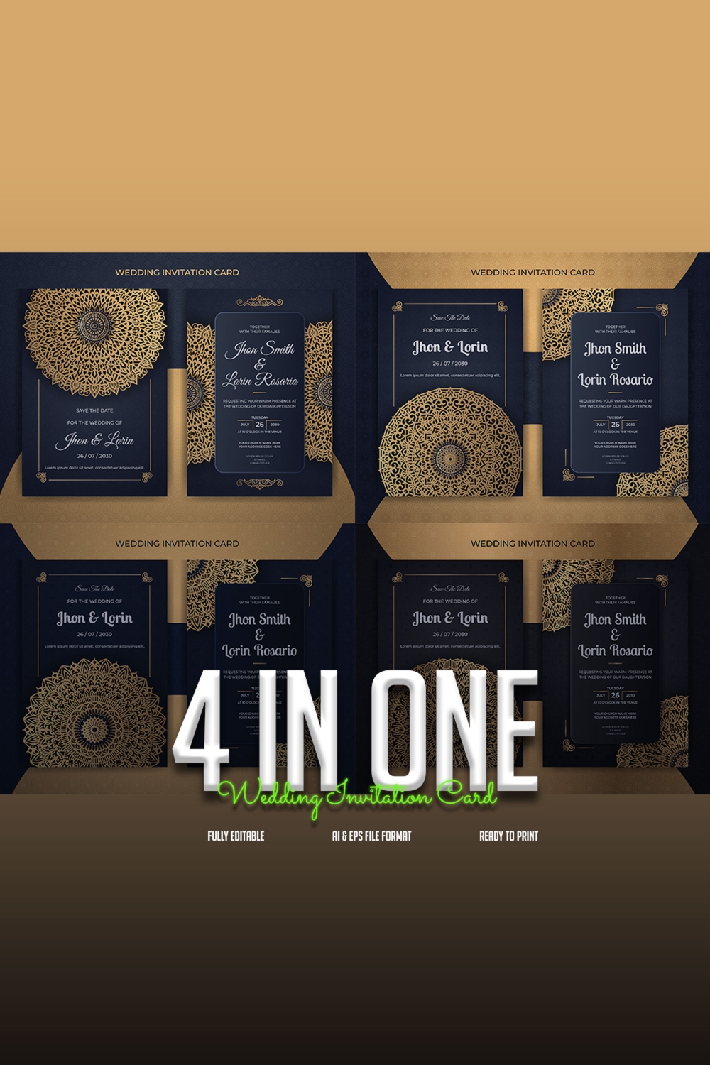4 In One Royal Luxury Wedding Invitation Card Only In $7 pinterest image.
