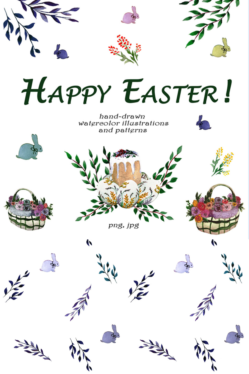 Watercolor Illustrations And Seamless Patterns With Spring Easter Mood Pinterest Image.
