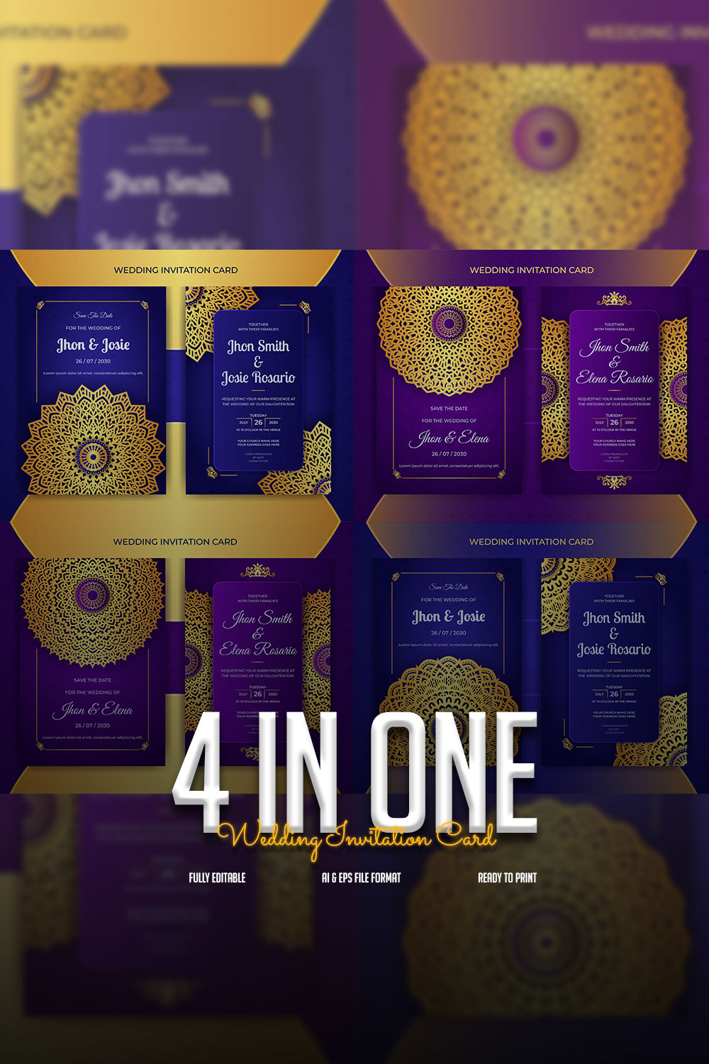 4 In One Luxury Colorful Wedding Invitation Card Only In $7 pinterest image.