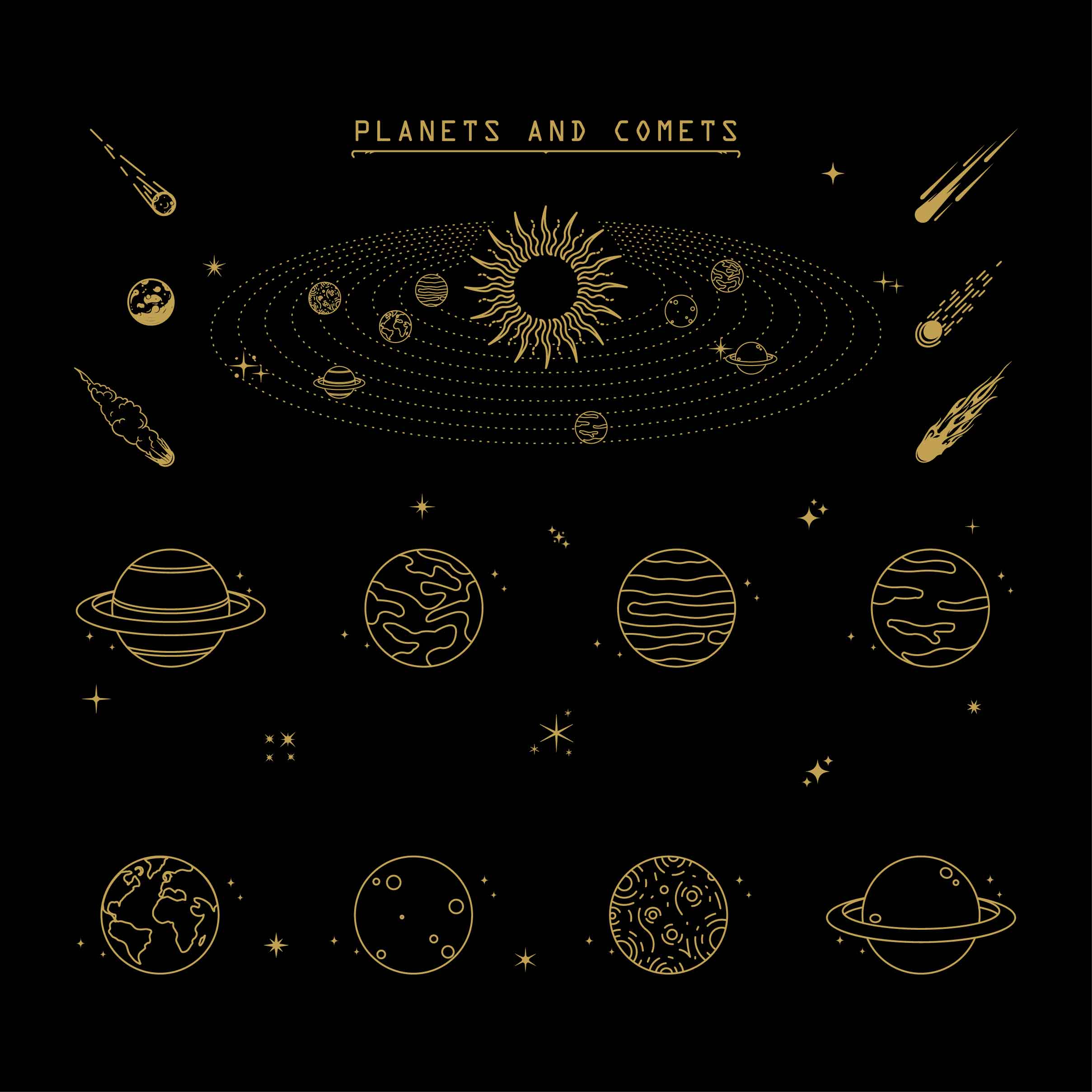 Mystical and Celestial Elements Illustration, planets and comets.
