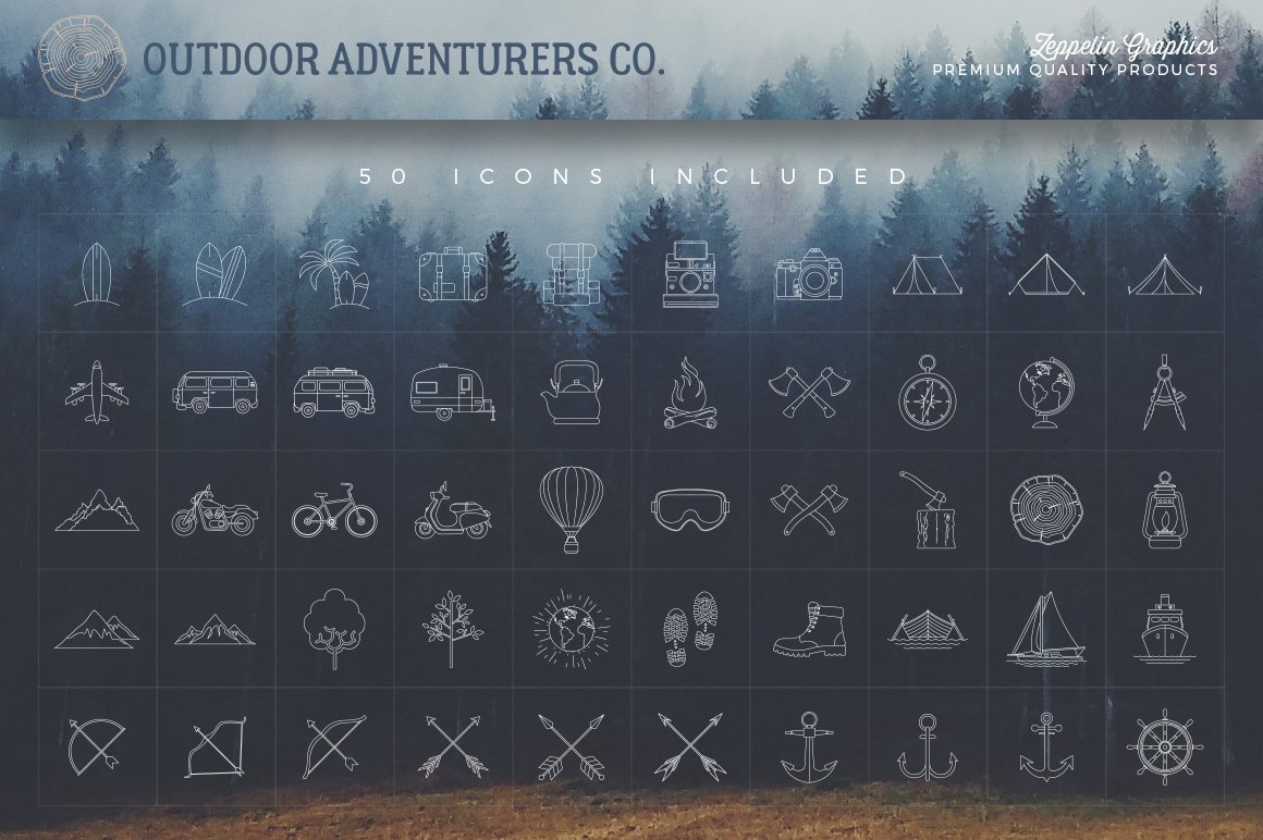Deep blue background with a fog and cool adventures logos set.