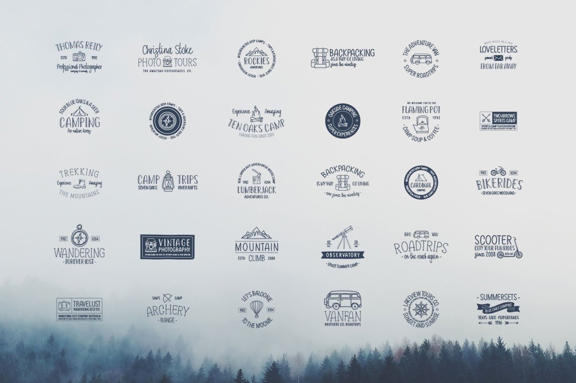 Light background with blue travel logos collection.