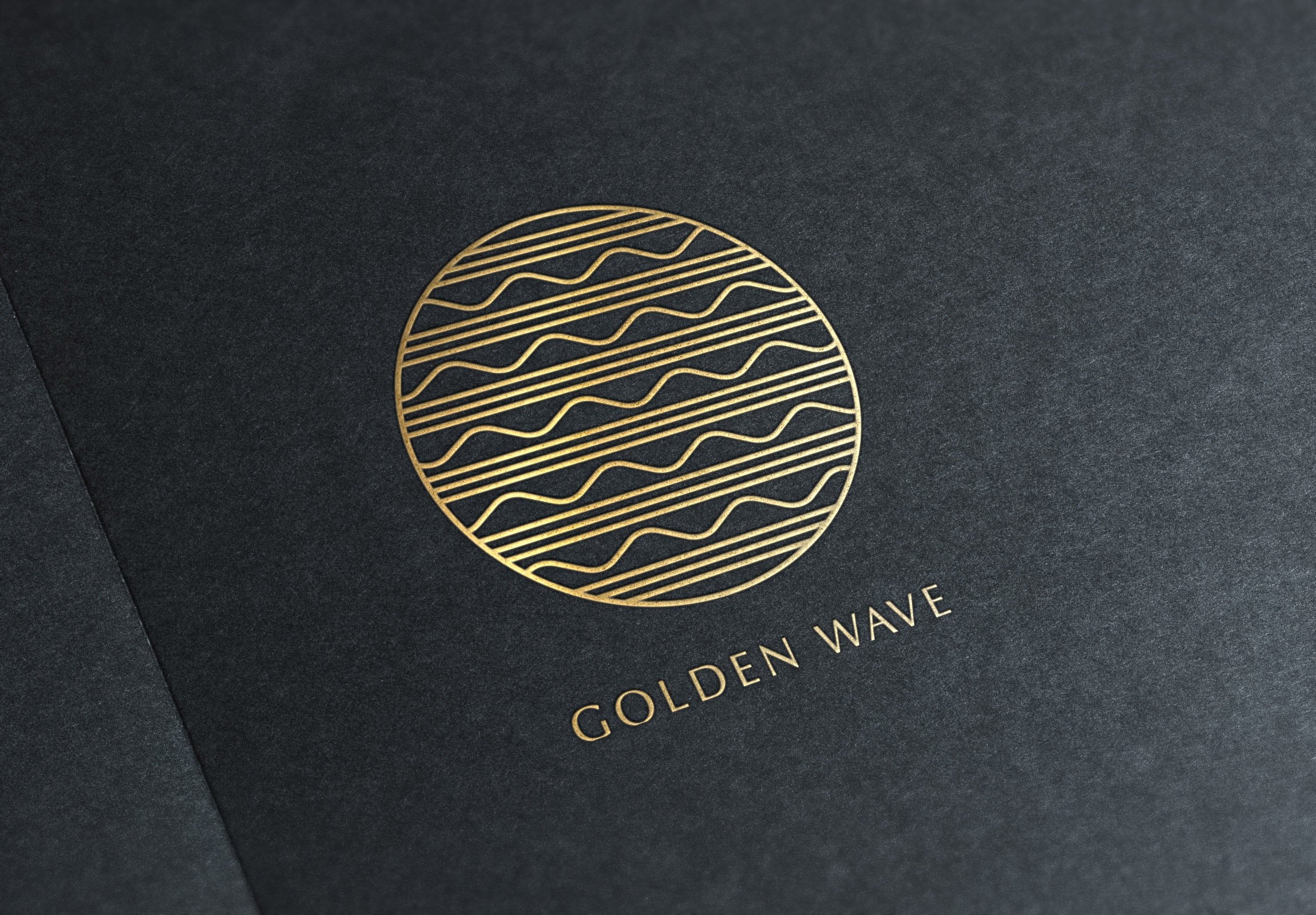 Matte black background with round gold logo with thin wavy lines.