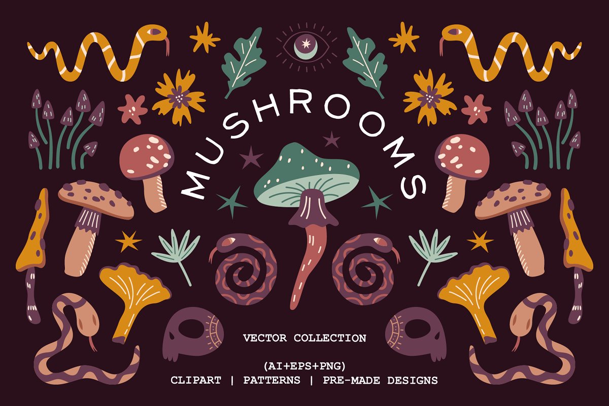 Cover image of Mushrooms. Vector collection.