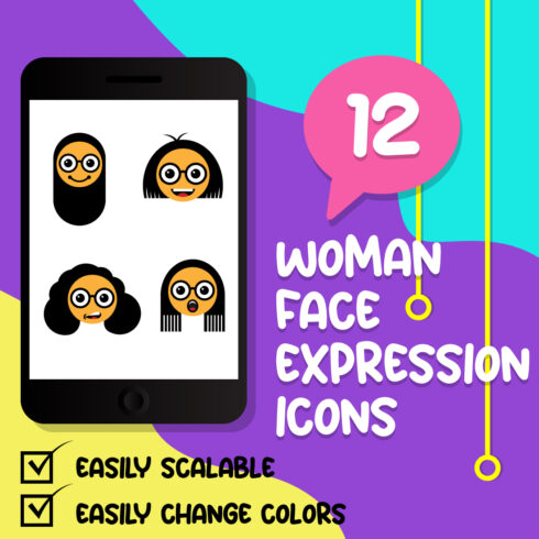 12 Woman Face Expression With Different Hairs Icons - Only $10 cover image.
