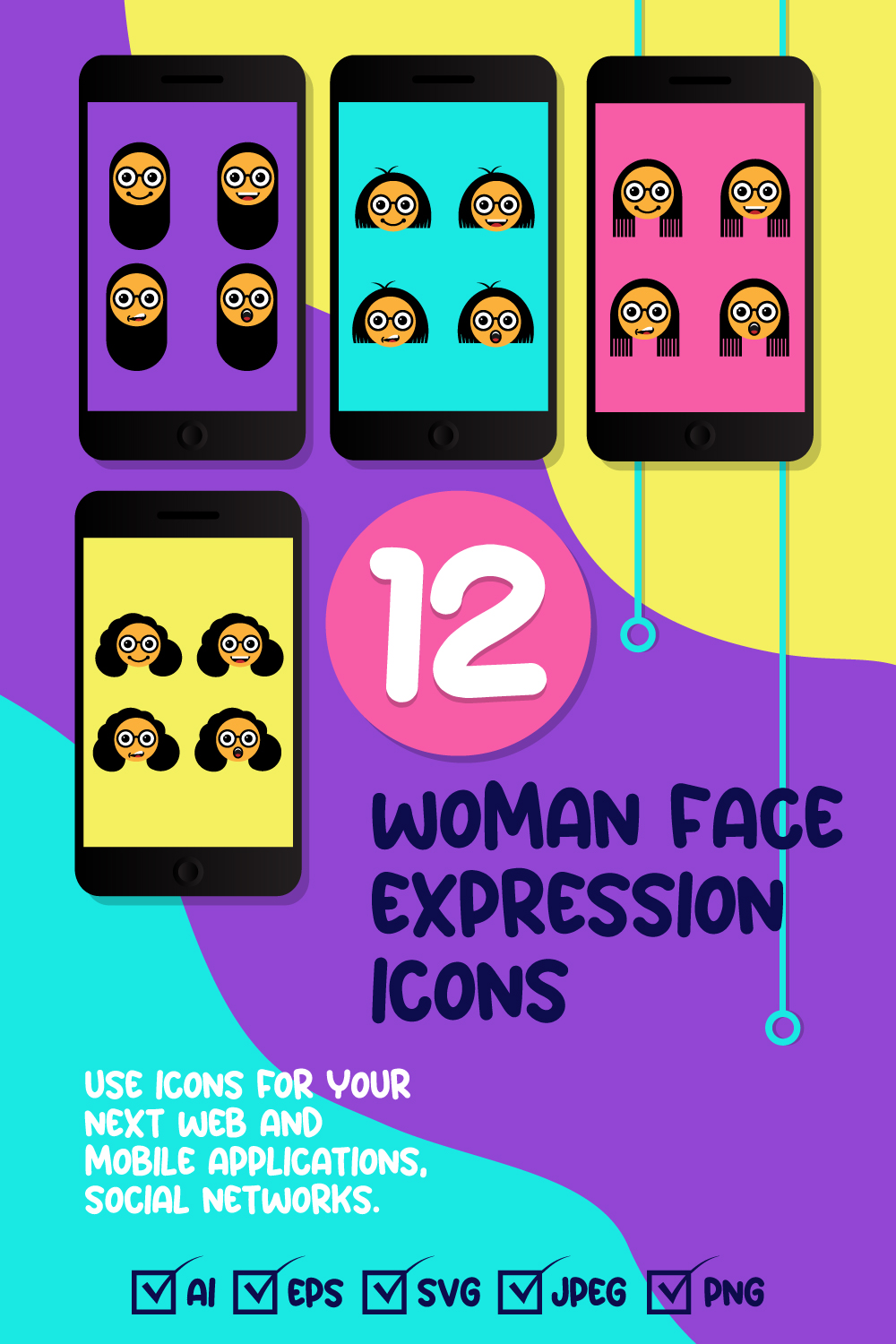 12 Woman Face Expression With Different Hairs Icons - Only $10 pinterest image.