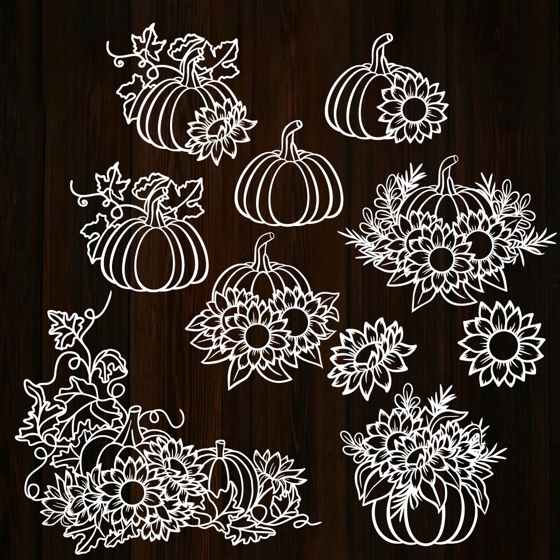 Floral Sunflower And Pumpkin Vector Autumn Illustration For Halloween Or Thanksgiving Preview Image.