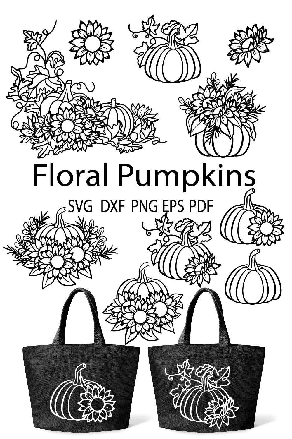 Floral Sunflower And Pumpkin Vector Autumn Illustration For Halloween Or Thanksgiving Pinterest Image.