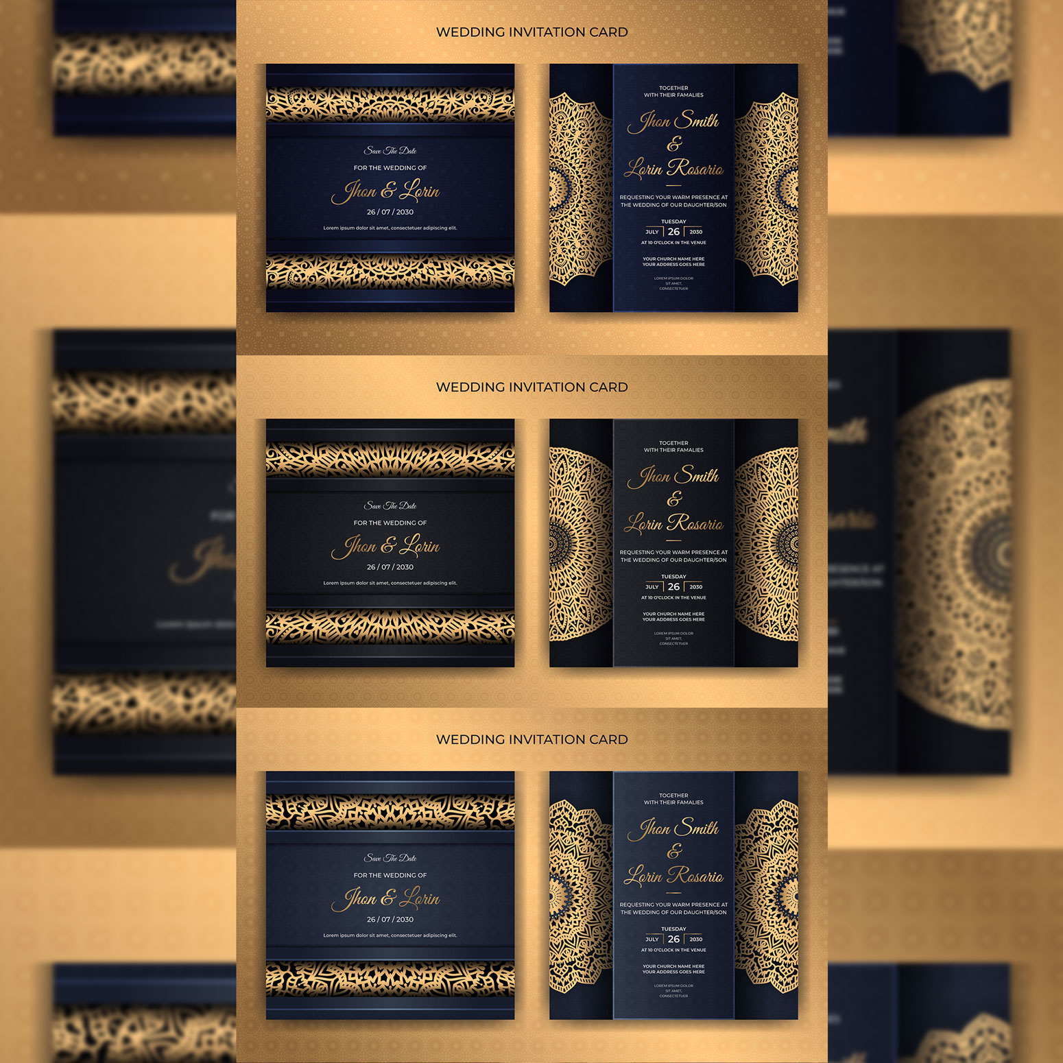 3 In One Luxury Square Wedding Invitation Card Only In $5 preview image.