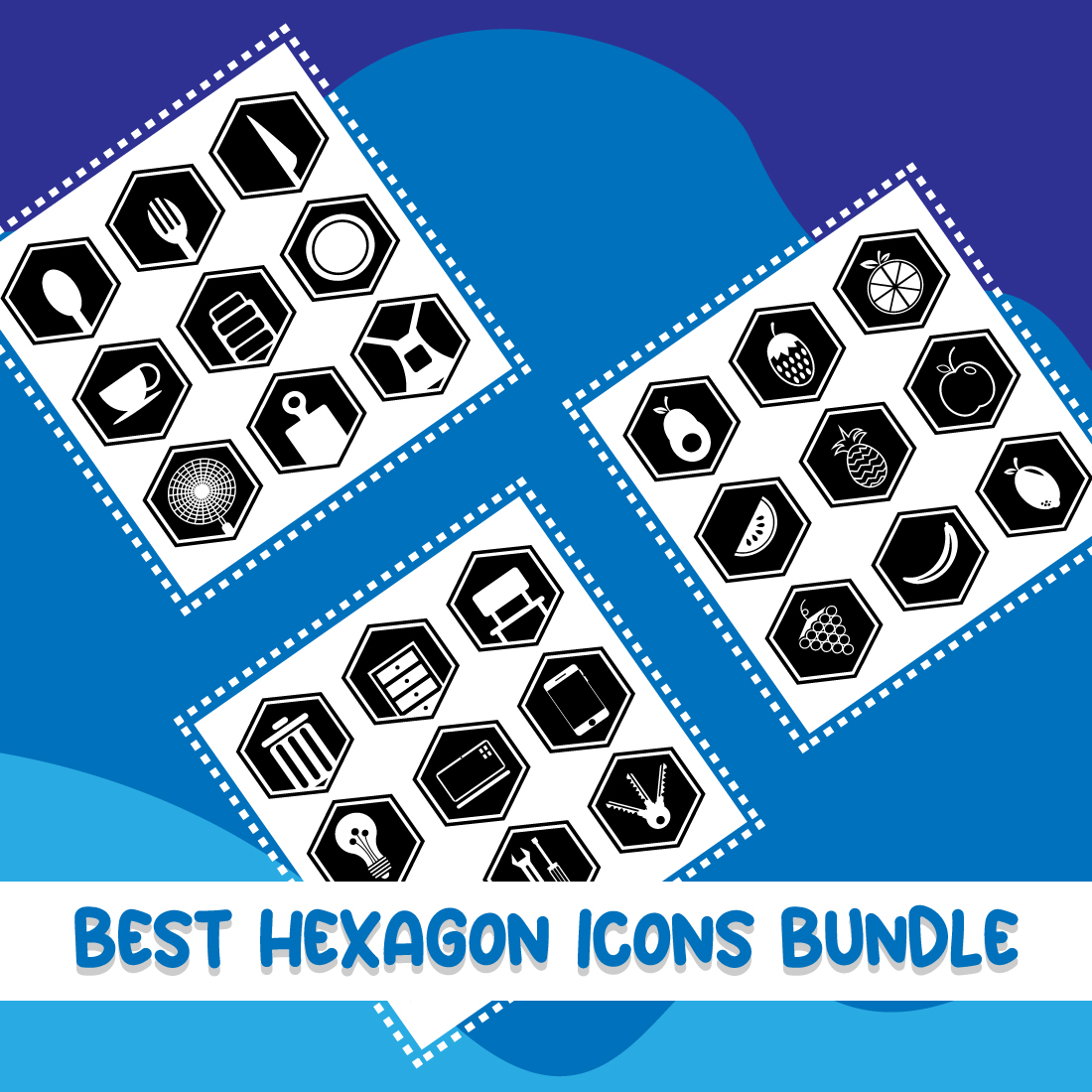 27 Vectors Home, Kitchen, and Fruit Hexagon Icons - Only $9 preview image.