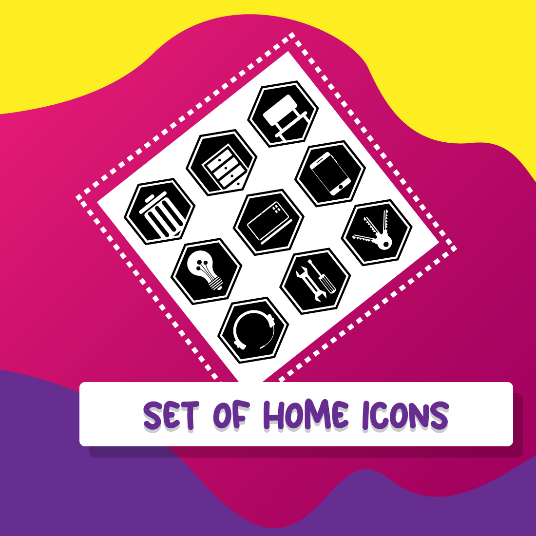 27 Vectors Home, Kitchen, and Fruit Hexagon Icons.