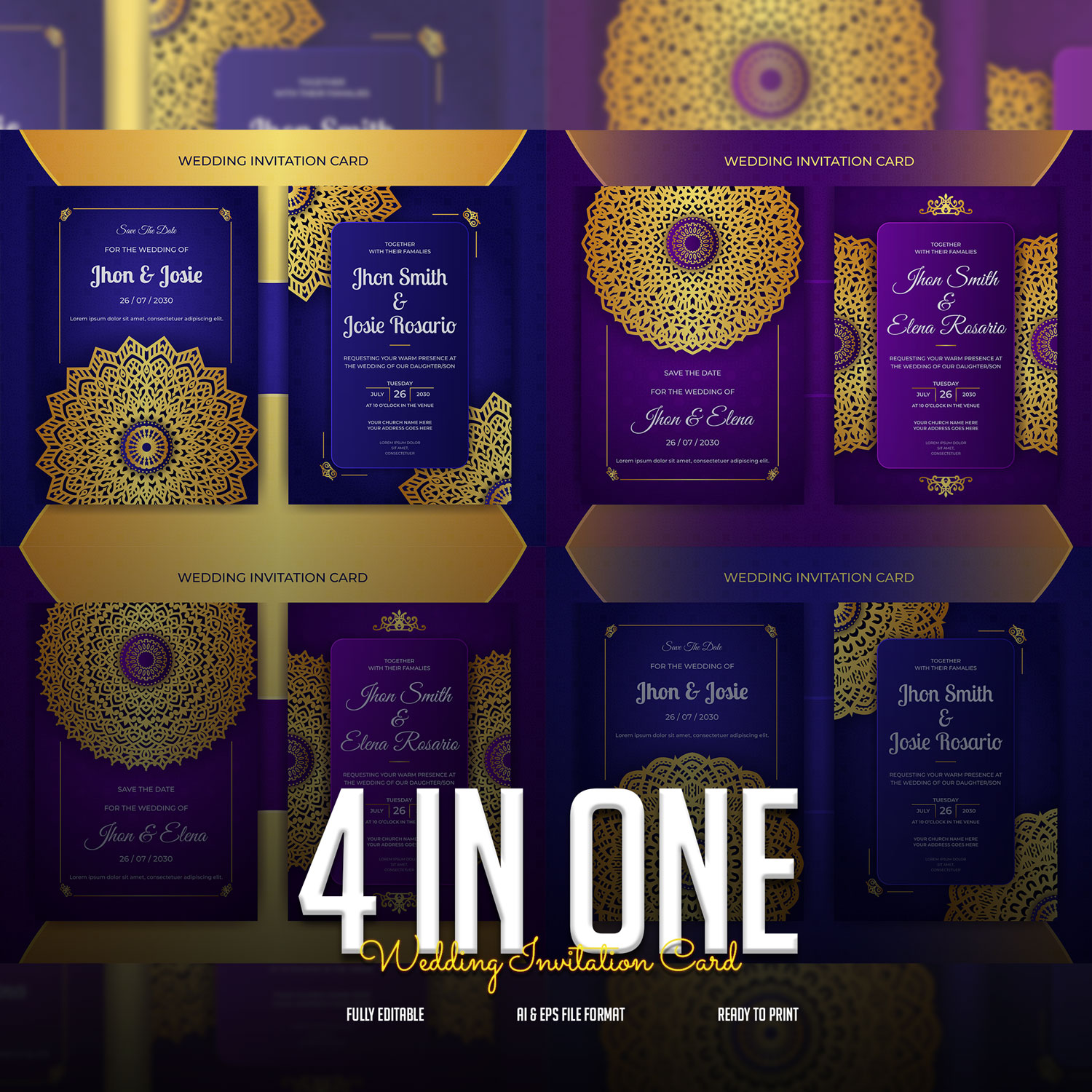 4 In One Luxury Colorful Wedding Invitation Card Only In $7 cover image.