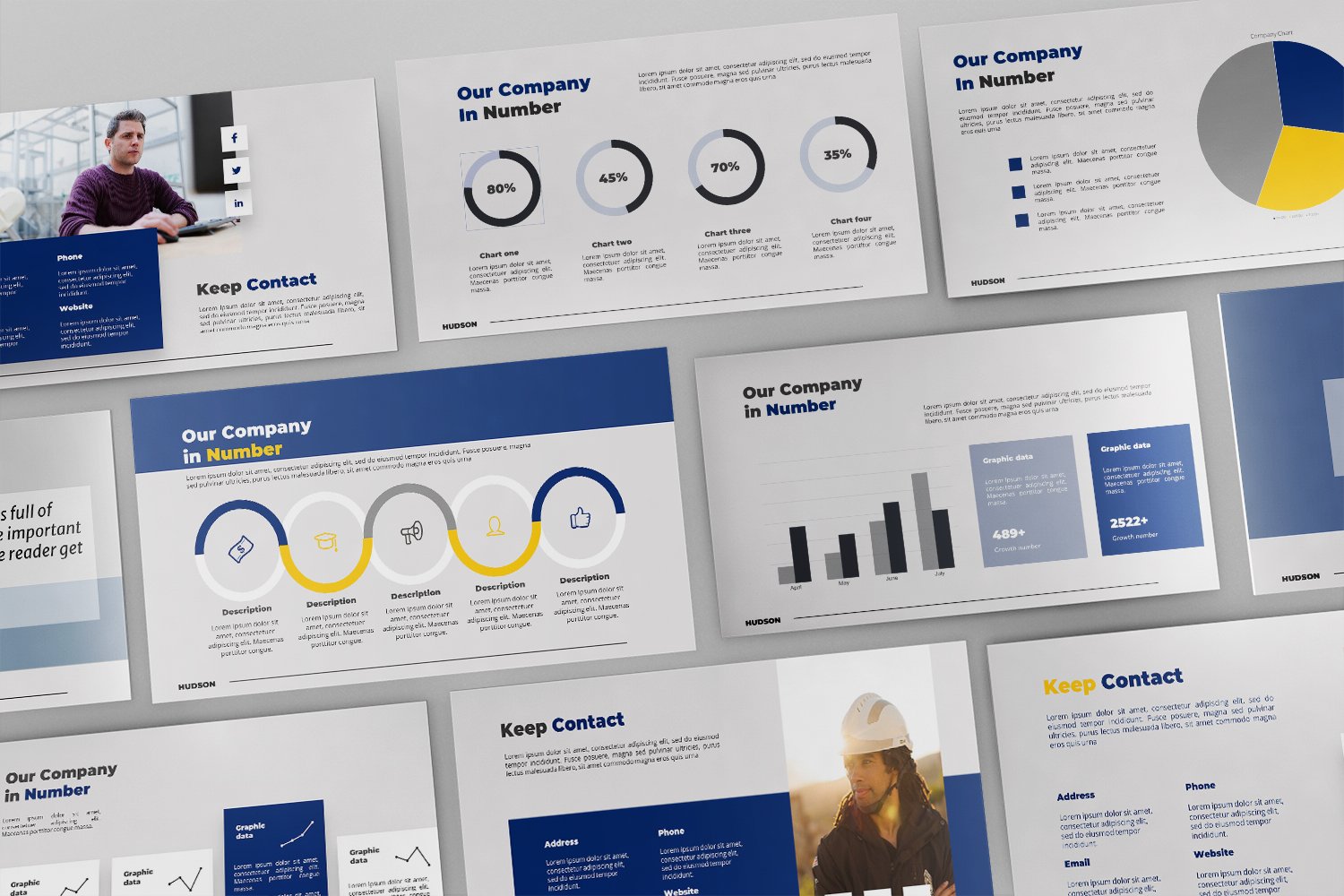 Classic infographics in blue and yellow.